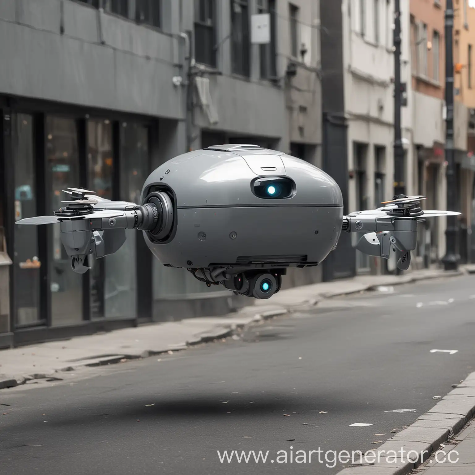 летающий на улице серый круглый робот-доставщик еды, не похожий на человека. 