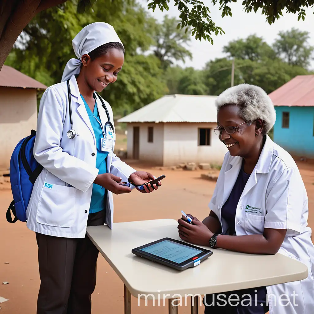 A public health official is standing in a small community square, surrounded by a few local residents. The official is wearing a clean, white lab coat with a visible MPharma logo on the chest. They have a backpack slung over one shoulder and a rolling case by their side, both marked with the MPharma logo. The backpack is open, revealing neatly organized medical supplies like a thermometer, blood pressure monitor, glucometer, rapid diagnostic tests, basic medications, and a tablet.

The official is currently using a glucometer to check an elderly woman’s blood sugar level, smiling reassuringly as they explain the process. A young mother with a child on her hip watches attentively, waiting for her turn. Next to the official, on a portable table, are the other diagnostic tools and medications, ready for use. The tablet on the table displays a telehealth consultation in progress with a doctor providing advice on managing a minor ailment.

The background features simple homes and a few trees, highlighting the rural setting. The atmosphere is calm and collaborative, with community members engaged and appreciating the accessible healthcare service provided.

This image portrays the practical use of the MPharma Kit, emphasizing its portability, effectiveness, and the vital role of public health graduates in delivering essential healthcare services to underserved communities.The officials should be african and should interact with patients will using the equipment
