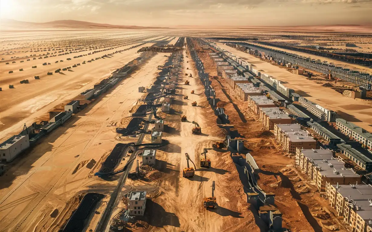 a very real image of a linear city in the desert, with ongoing preparations for construction so many machines and tractors and no buildings during the day
