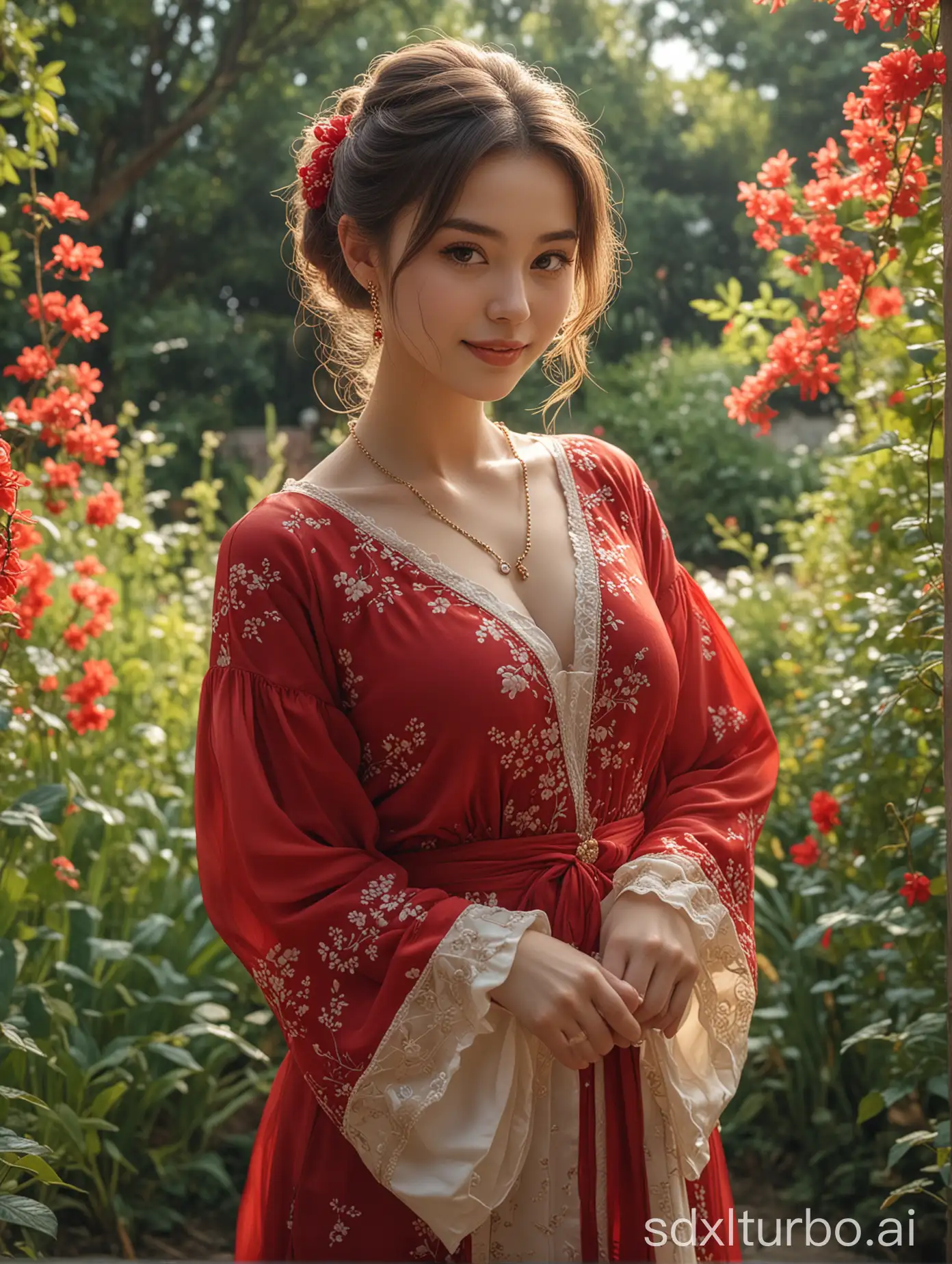 emb-melissatheuriau-v10-joysthokkins, a girl,  hanfu chiffon dress, red bikini, a necklace on her neck, victorian, intricate, masterpiece, best quality, highres, 4k, hdr, smile, puffy sleeves, in the garden
masterpiece, best quality, <lora:backlight_slider_v10:-1.5>, <lora:contrast_slider_v10:2>