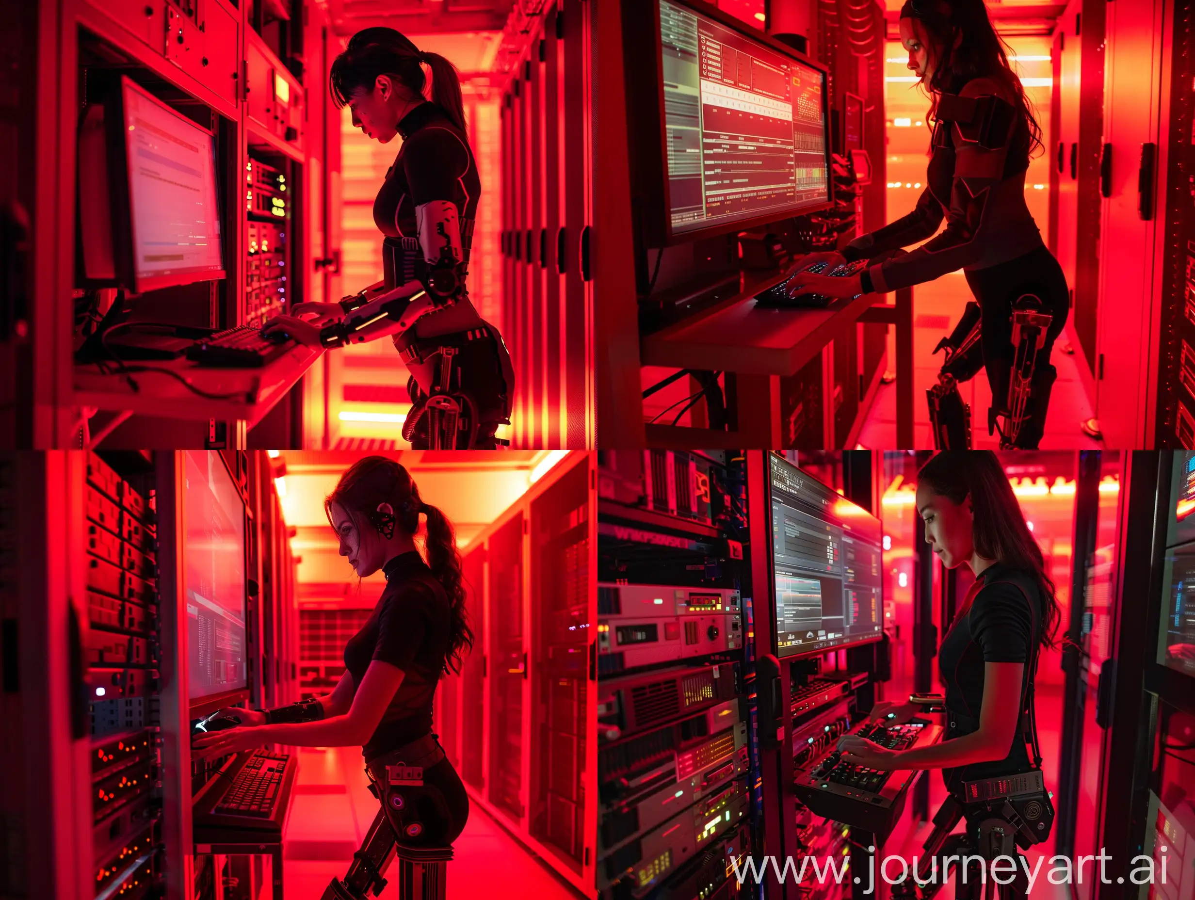 cinematic symmetrical scene, we see a woman from a medium distance, cyberpunk woman with prosthetic mecha legs, she is standing, she is typing on a computer, the computer have a large screen, the set is a server room, a red light colors the set