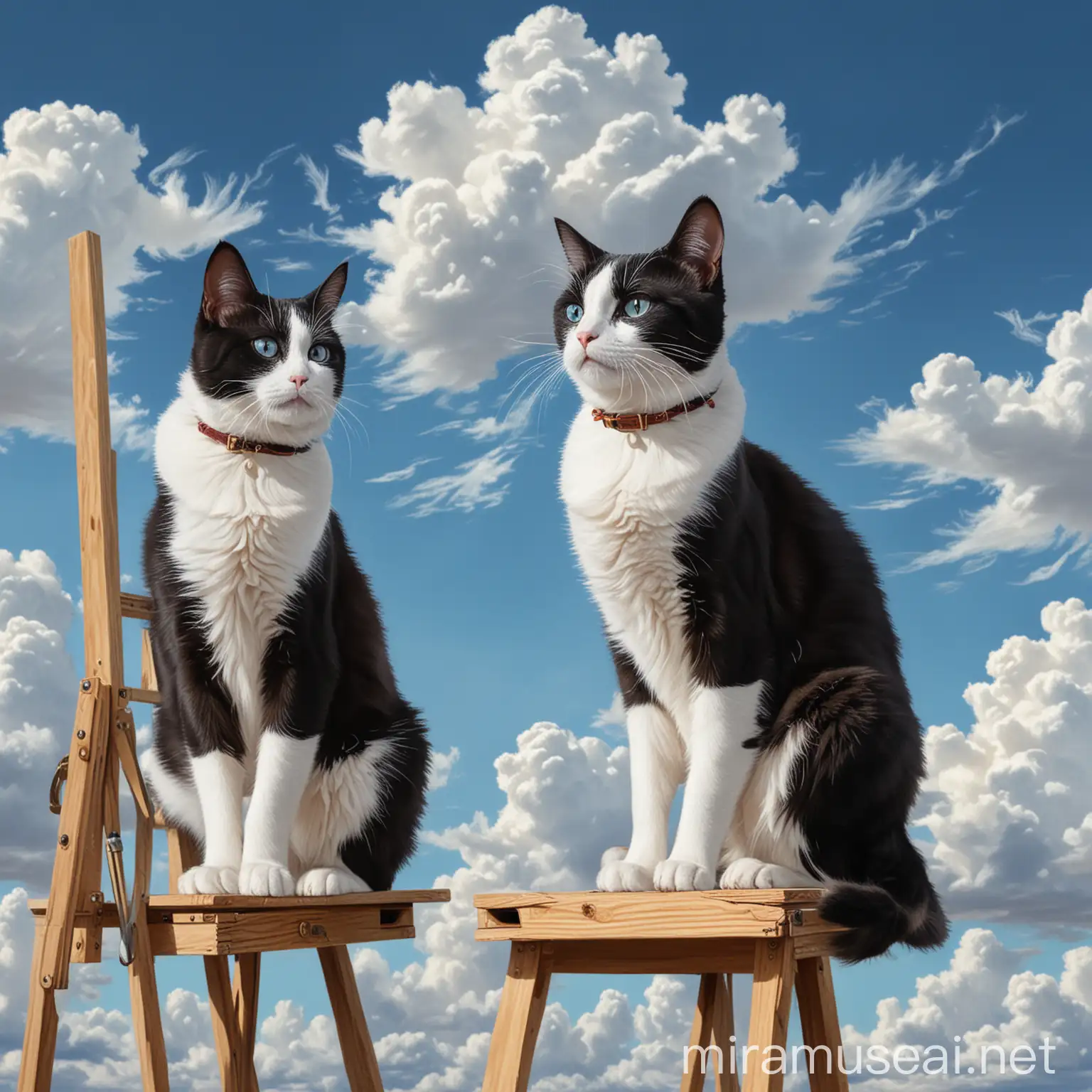 A drawed painting of two tuxedo cats drawing on easels. siting sitting somewhere high up. The background is a blue sky, with five clouds. The cat on the left has no canva on her easel thats why she has a shocked expression. The cat on the right has her canva and is relaxed and painting on it.