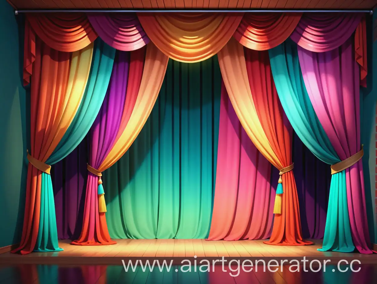 a children theatre scene with colorful curtain, animation style, calm colors