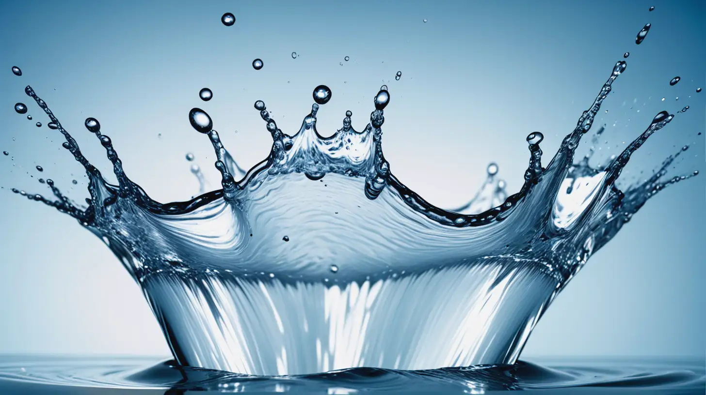 a close-up of water with a dynamic splash, capturing the movement and clarity of the liquid against a plain, light blue background. The high-definition detail freezes the motion of water, allowing for an examination of individual droplets and ripples formed during the splash. This image could be relevant for discussions on fluid dynamics, photography techniques, or the properties of water.