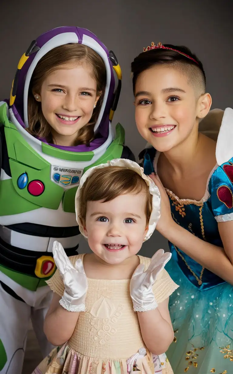 Gender role-reversal, Photograph of a 9-year-old girl wearing a Buzz Lightyear costume, a cute 7-year-old little blonde boy with short hair shaved on the sides is wearing a Snow White Disney Princess dress, and a cute 5-year-old little short-brown-haired boy wearing a frilly white Bo Peep dress and gloves and bonnet, English, perfect children faces, perfect faces, smooth