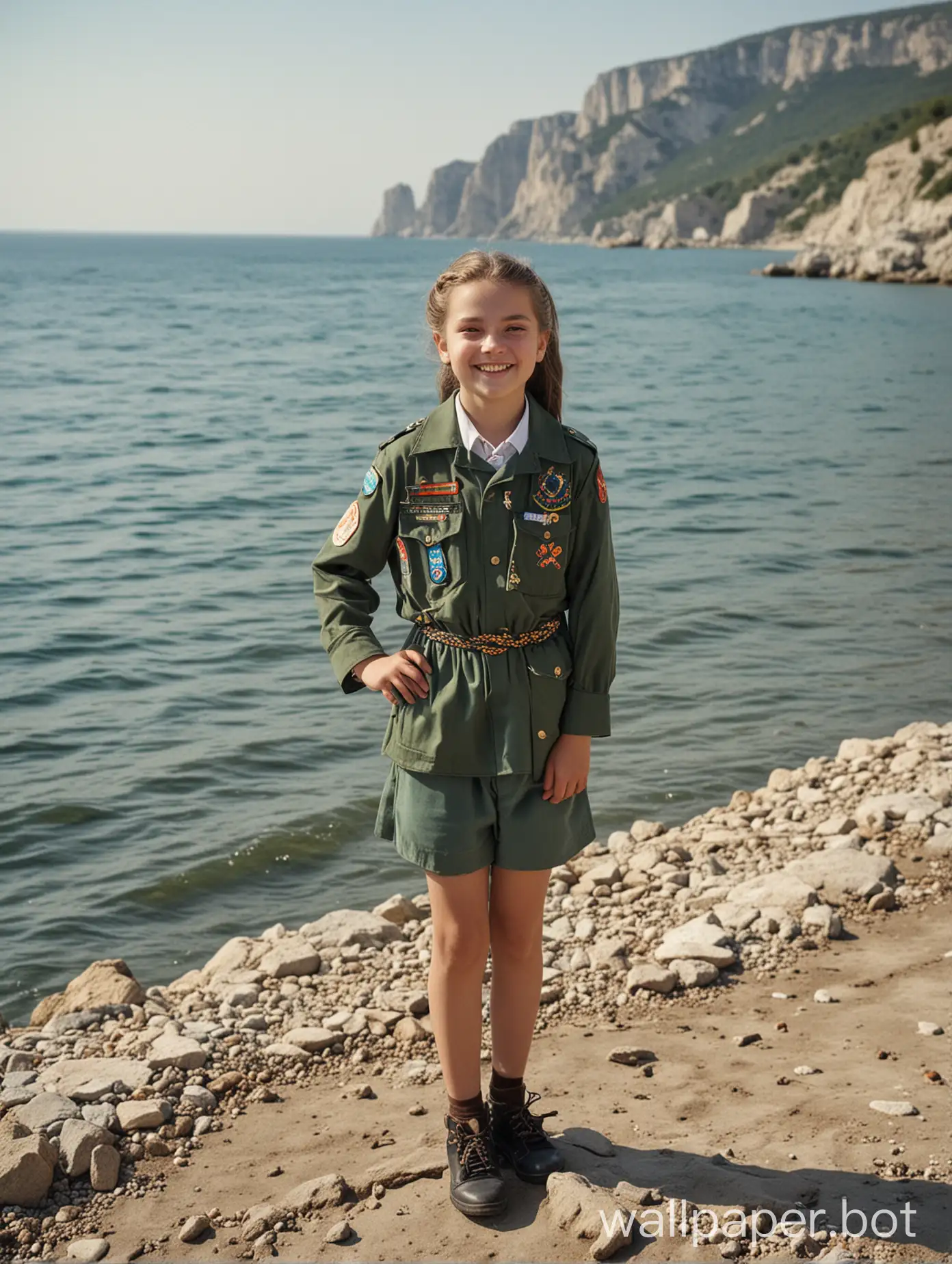 Крым, вид на море, девочка-скаут 11 лет, в полный рост, улыбка