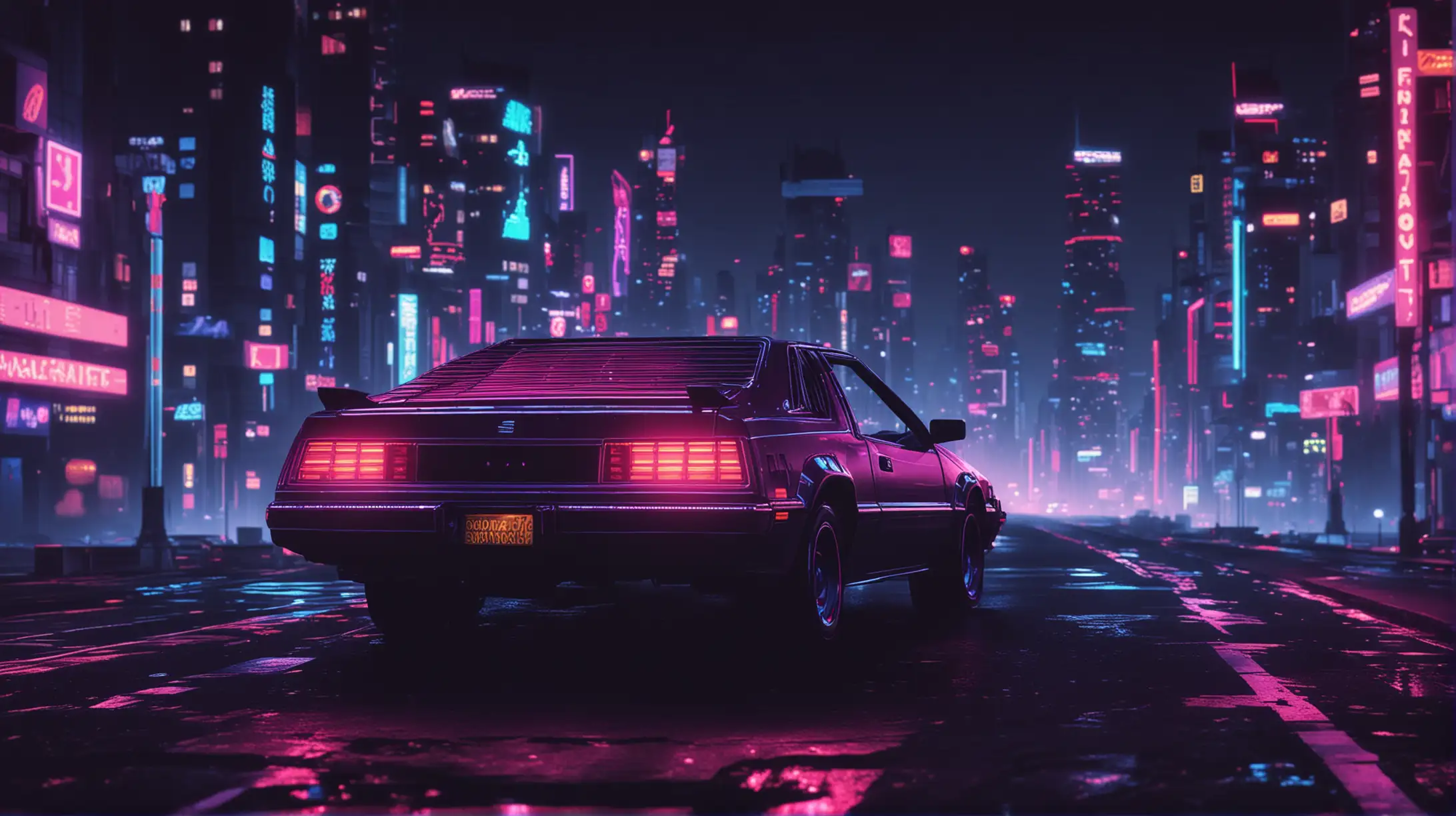 Retrowave Car Driving Through NeonLit Night Cityscape