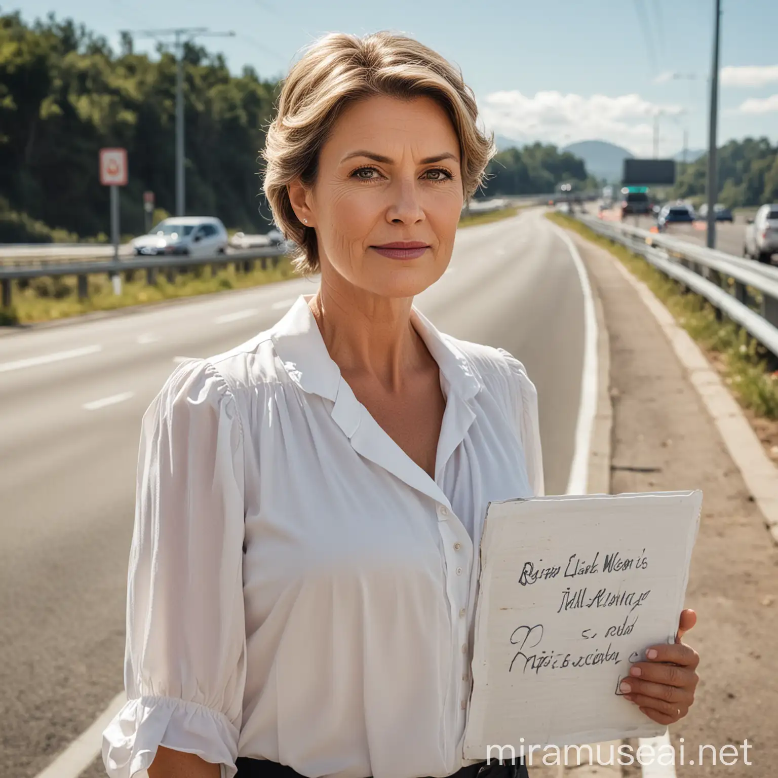 A elegantly dressed natural looking middle-aged woman with a large bust, wearing a white blouse with a neckline, standing by the highway, holding a white sign
