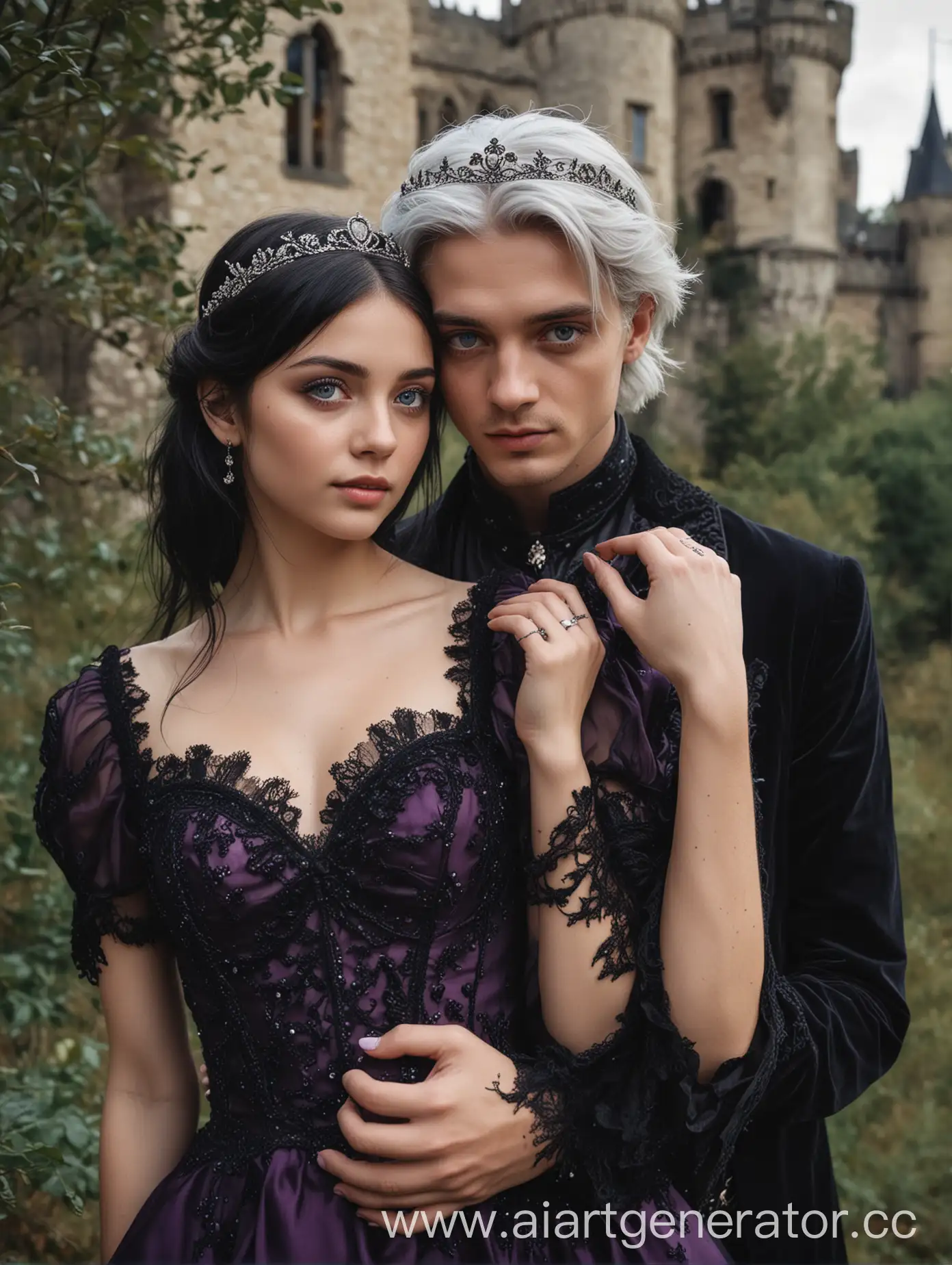 Enchanted-Forest-Romance-DarkHaired-Girl-Embraced-by-WhiteHaired-Guy-near-Castle