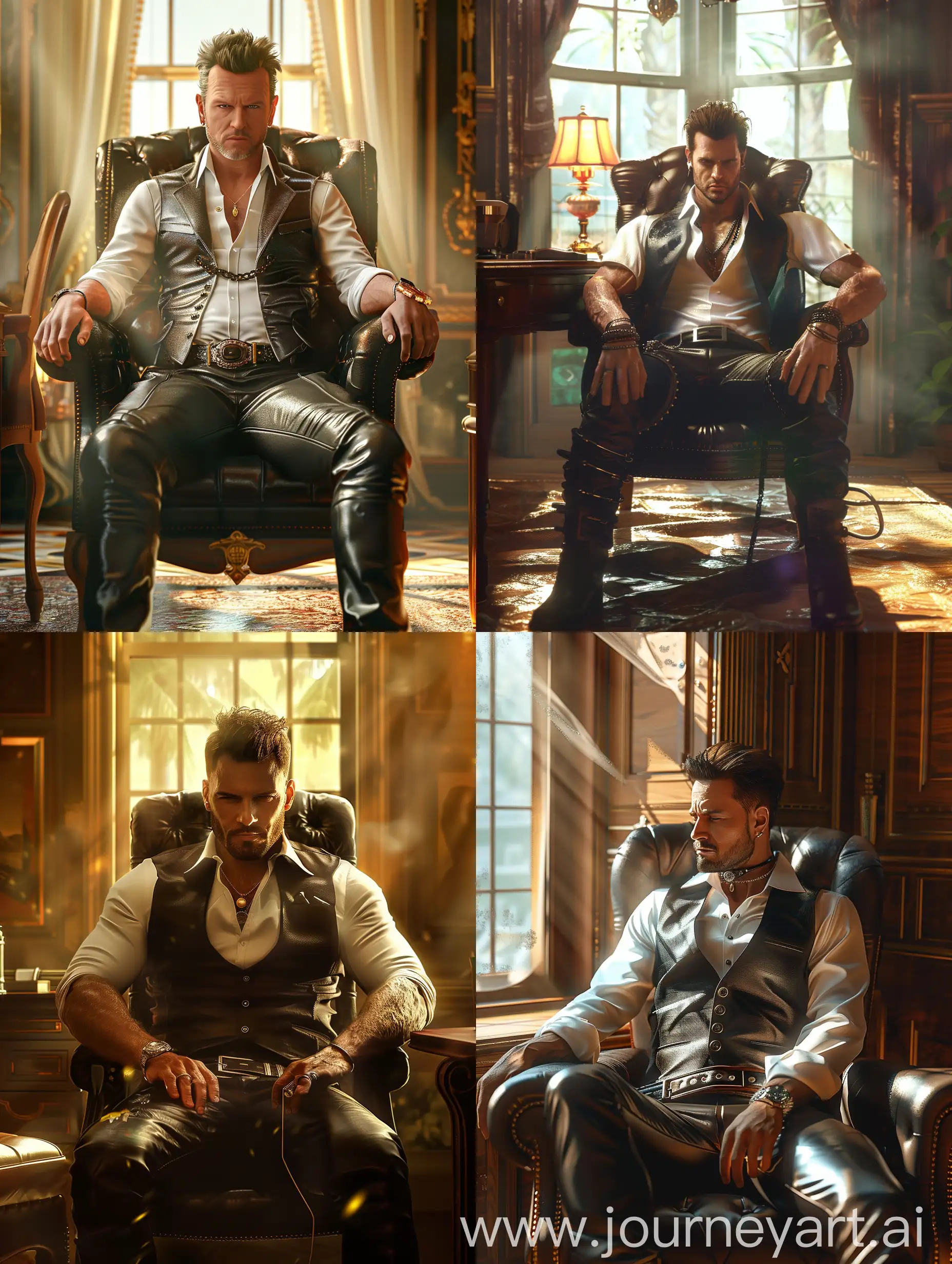 Muscular-Man-in-Leather-Waistcoat-Sitting-in-Opulent-Home-Office