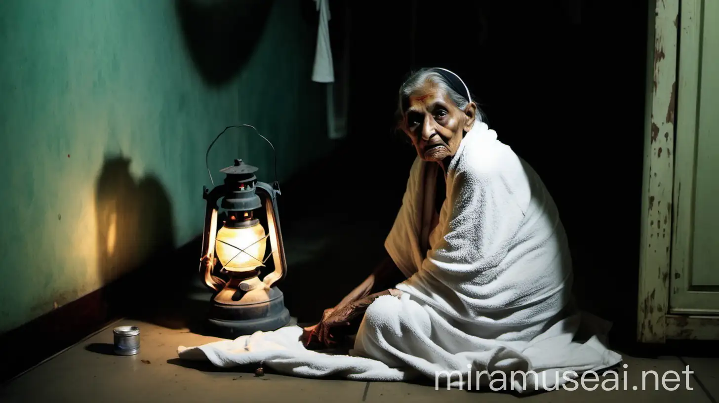 a thin indian old woman aged 90 years old is sitting on bed in a bed room wearing a dirty white towel in her body and a lantern is on the floor, its a dark room a cat is there 