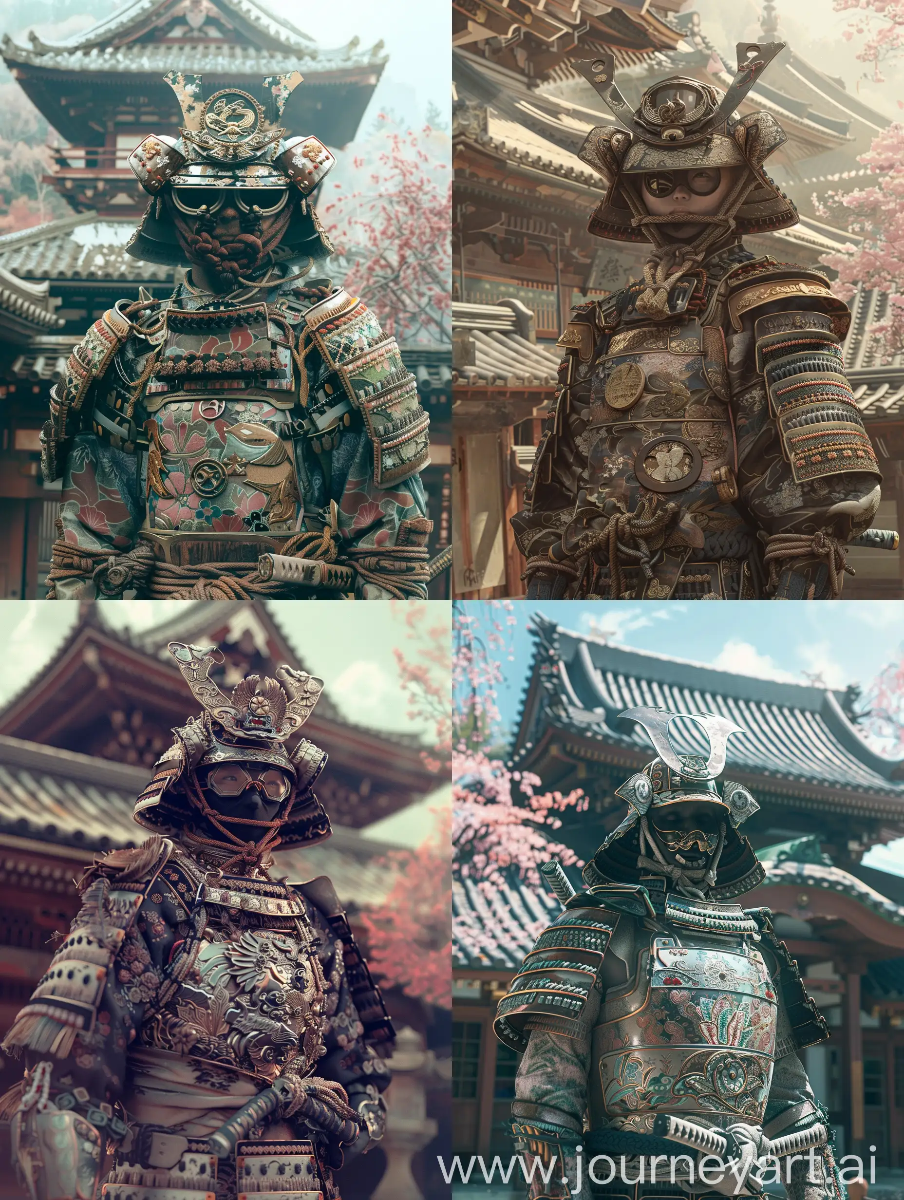 A person dressed in elaborate samurai armor stands in front of a traditional Japanese temple. The armor is ornate, featuring intricate designs with floral and leaf motifs. The individual wears a helmet with a large ornamental crest and protective goggles, and carries a sheathed katana at their waist. The background includes the detailed, sloping rooftops of the temple, with some pink blossoms visible.