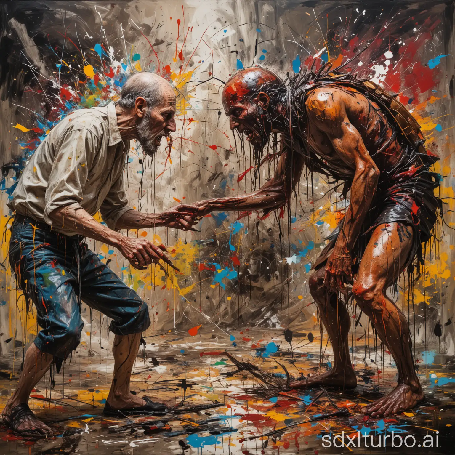 An abstract expressionist painting of a leper man and a zombieJesus fighting with a giant cockroach using bold brush strokes, dripping paint, and vibrant colors, reflecting the inner emotions and turmoil, inspired by the works of Jackson Pollock.