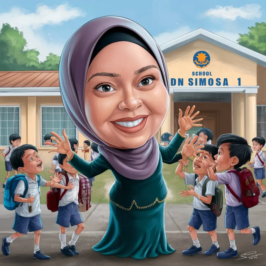 Foto karikatur berkepala besar guru perempuan cantik berhijab umur 40 an sedang melambaikan tangan ke beberapa siswanya dengan background gedung sekolah SDN SIMOSA 1
