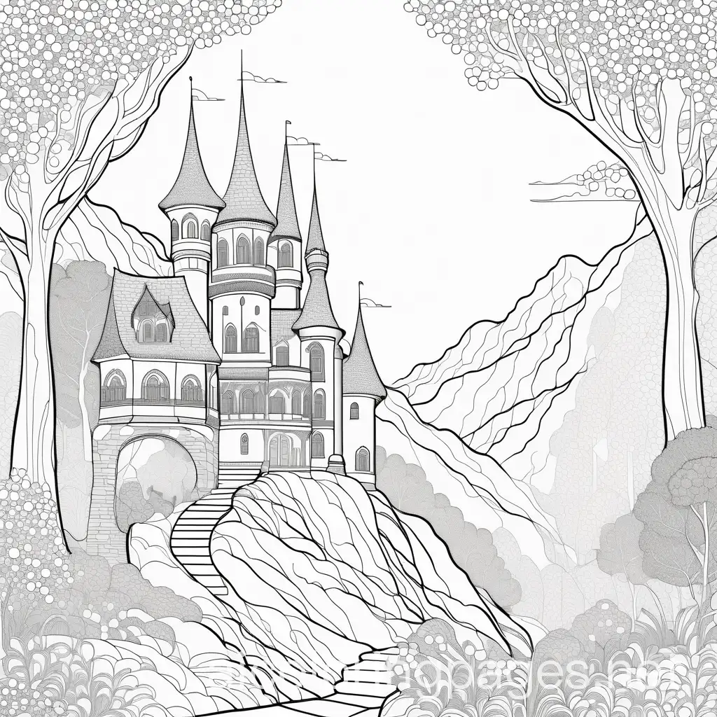 fairytale
, Coloring Page, black and white, line art, white background, Simplicity, Ample White Space. The background of the coloring page is plain white to make it easy for young children to color within the lines. The outlines of all the subjects are easy to distinguish, making it simple for kids to color without too much difficulty