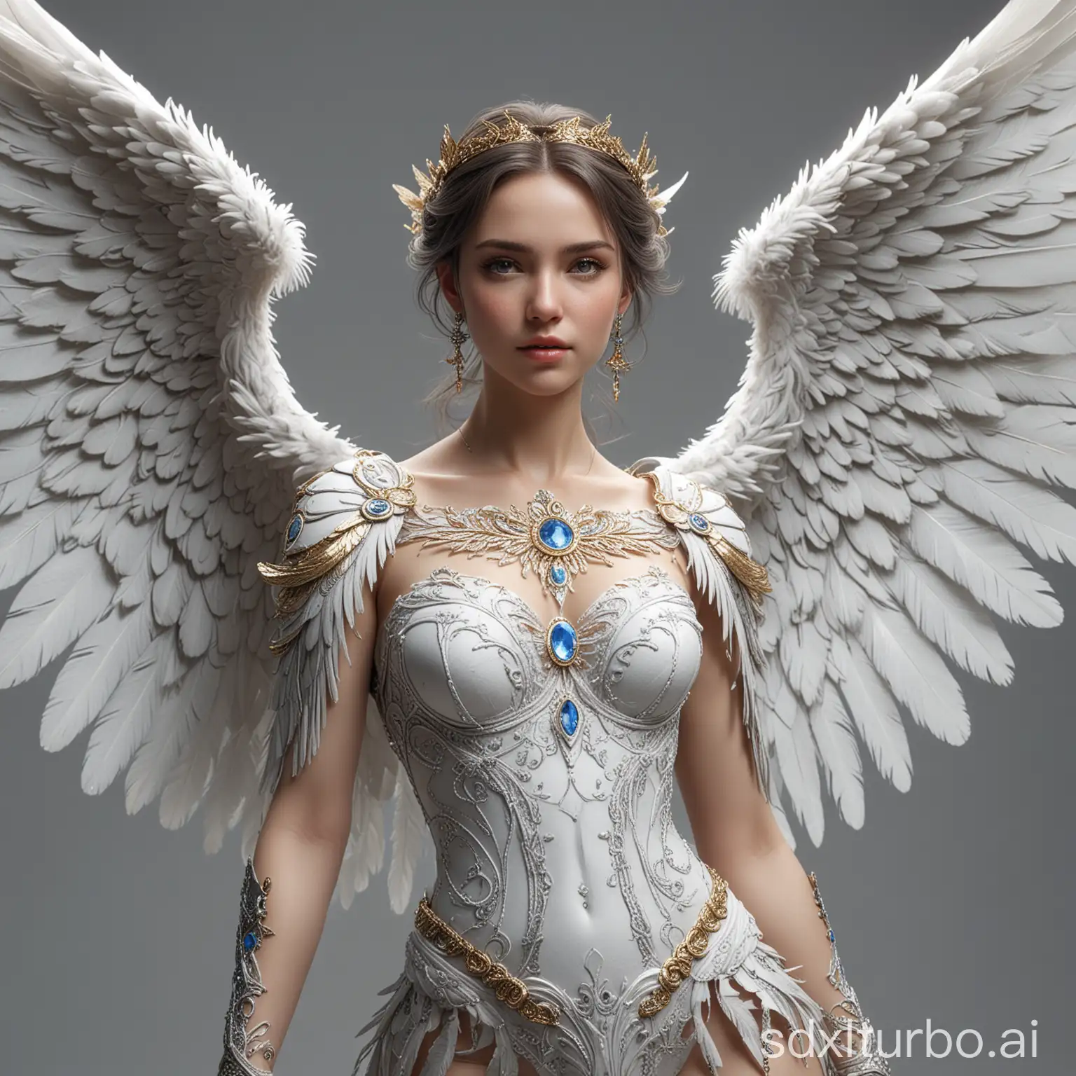 RAW Photo of a detailed magnificent angel with wings  in a full-bodyLong shot from 15-meter distance with clean hands & fingers putting high hills shoes & shining gems on wings tips from a distance that full body and wings are visible, with sharp focus , clear big blue catchy eyes, detailed face and skin texture,wings outstretched with gold & silver  tips on feathers, intricate ornate marble, and bone interwoven and spiraling patterns, final fantasy style,super beautiful ggoddess wearing translucent  great at both photos and artistic feathered 8k, high resolution, detailed, realistic lighting, focus on hands/face, painterly, strong composition, award-winning with simple white background