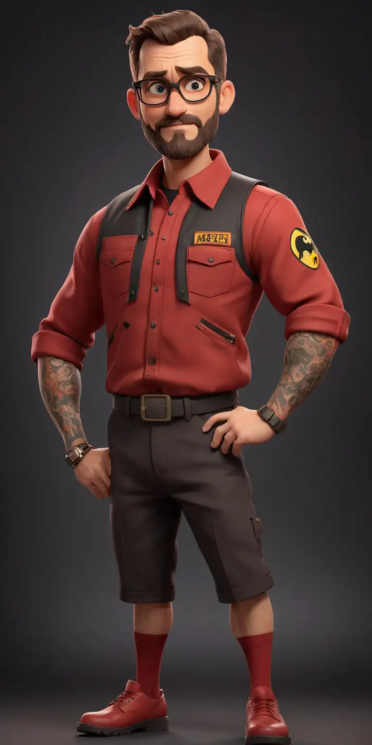 Middle aged male, short brown hair with buzzed on sides, short beard, red security outfit, glasses, tattoo sleeve, black stage background, pixar themed, *show full body*