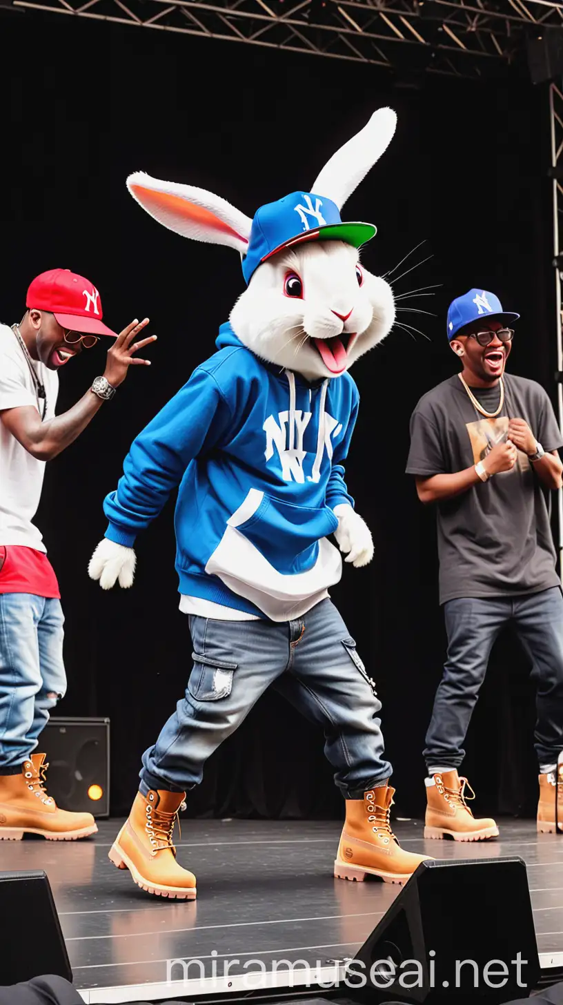 rabbit with NY cap and timberland boots on rapping on stage and crowd booing, laughing and heckling the rabbit
