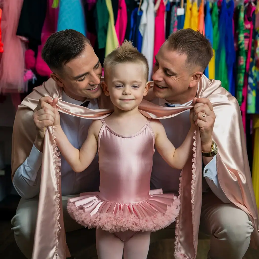 Gender role-reversal, photograph of a shy cute little 6-year-old boy with short smart spiky blonde hair standing with his arms by his sides, he is wearing a silky pink leotard and frilly tutu dress in a clothes shop, the boy’s 2 gay dads are tying a long silky cloak over the boy’s shoulders, adorable, perfect faces, perfect faces, clear faces, perfect eyes, perfect noses, smooth skin