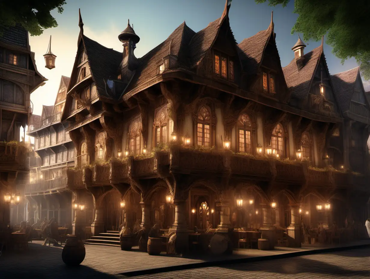 An image of a high class tavern in a medieval fantasy setting, The outside of the building itself is an architectural masterpiece, adorned with intricate carvings, rich tapestries, and glittering chandeliers that cast an ethereal glow throughout the space. In a detailed fantasy style 