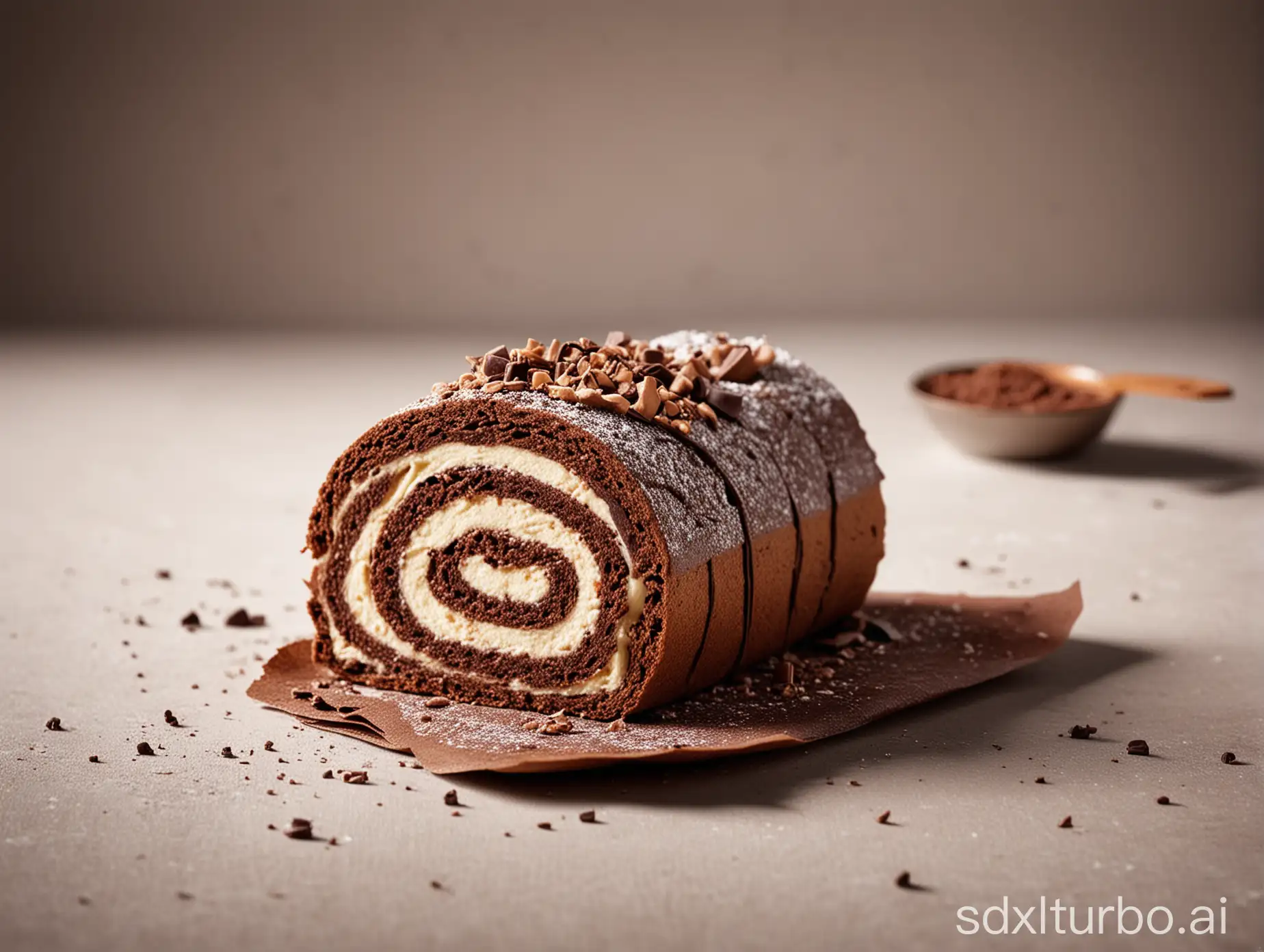 One chocolate cream Swiss roll, minimal background, magazine photography style, natural light, prime time shooting. Delicious Food Photography, shot with CanonEOS 5D MarkIV DSLR