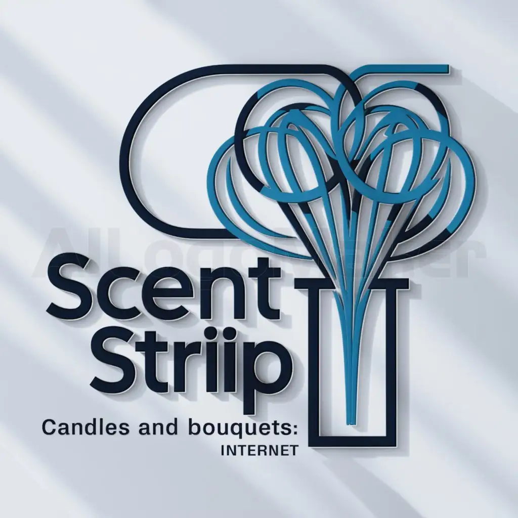 a logo design,with the text "Scent strip: candles and bouquets", main symbol:Vase with a bouquet of atlas tape in blue color palette,complex,be used in Internet industry,clear background
