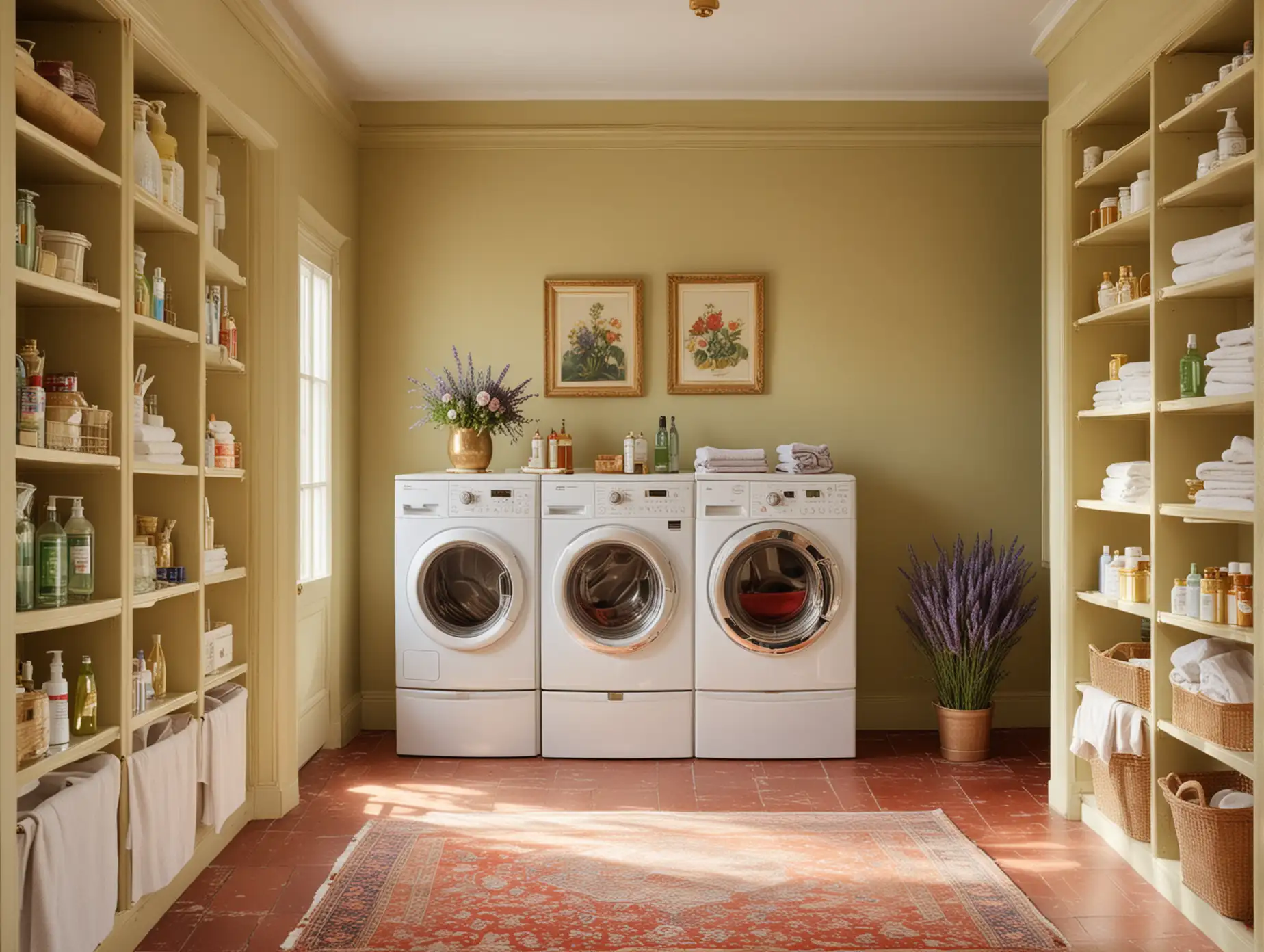 laundry room with with washr and dryer Imagine a scene bathed in soft golden light, with red oxide floor and lime green walls, a plush rug underfoot, and  In the center, a lavish bouquet of lavender stands tall in an exquisite vase, framed by shelves displaying gleaming gold containers of high-end detergents and fabric softeners.