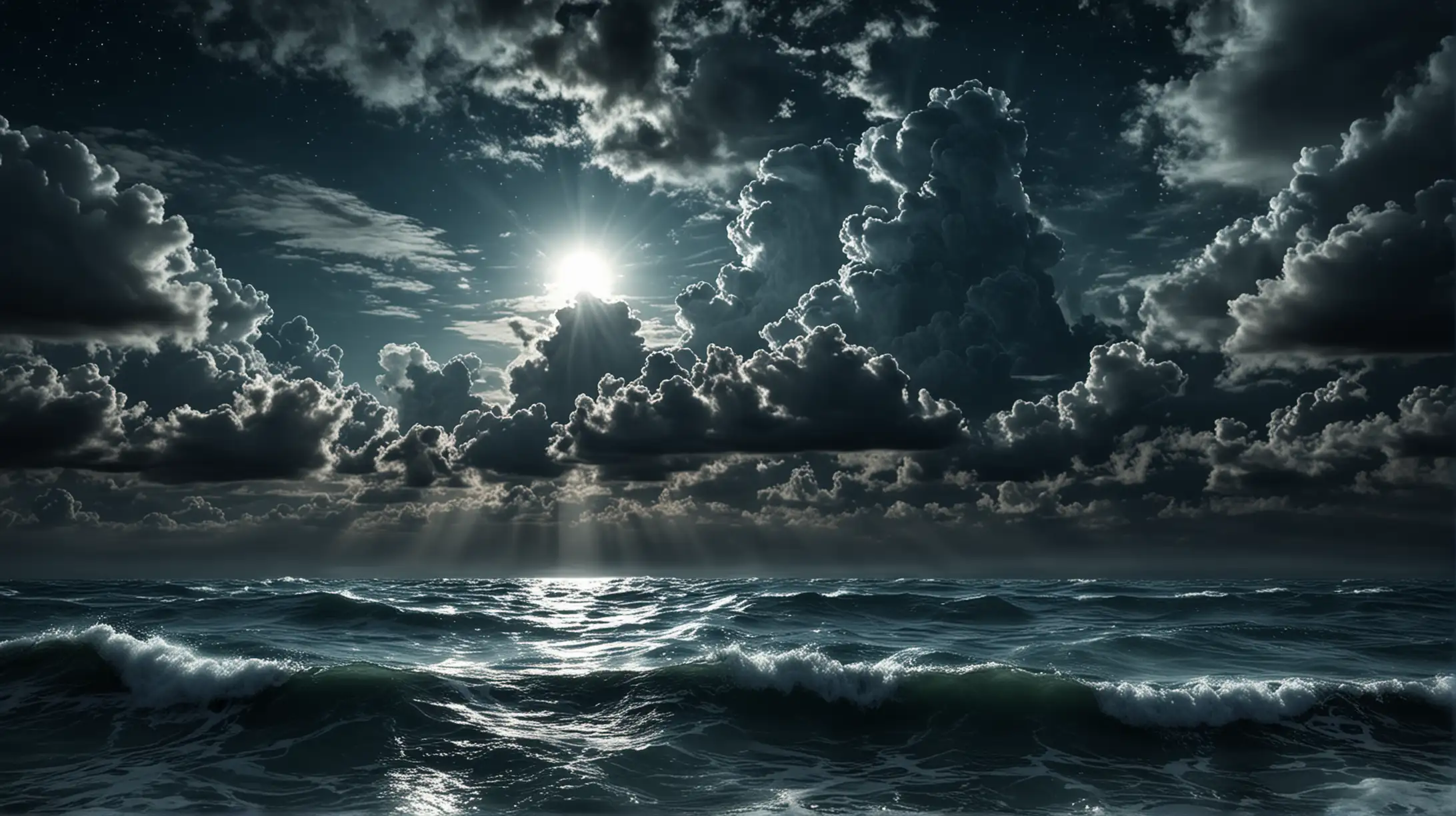 create an image that depicts a body of ocean with clouds over the surface with night time effects
