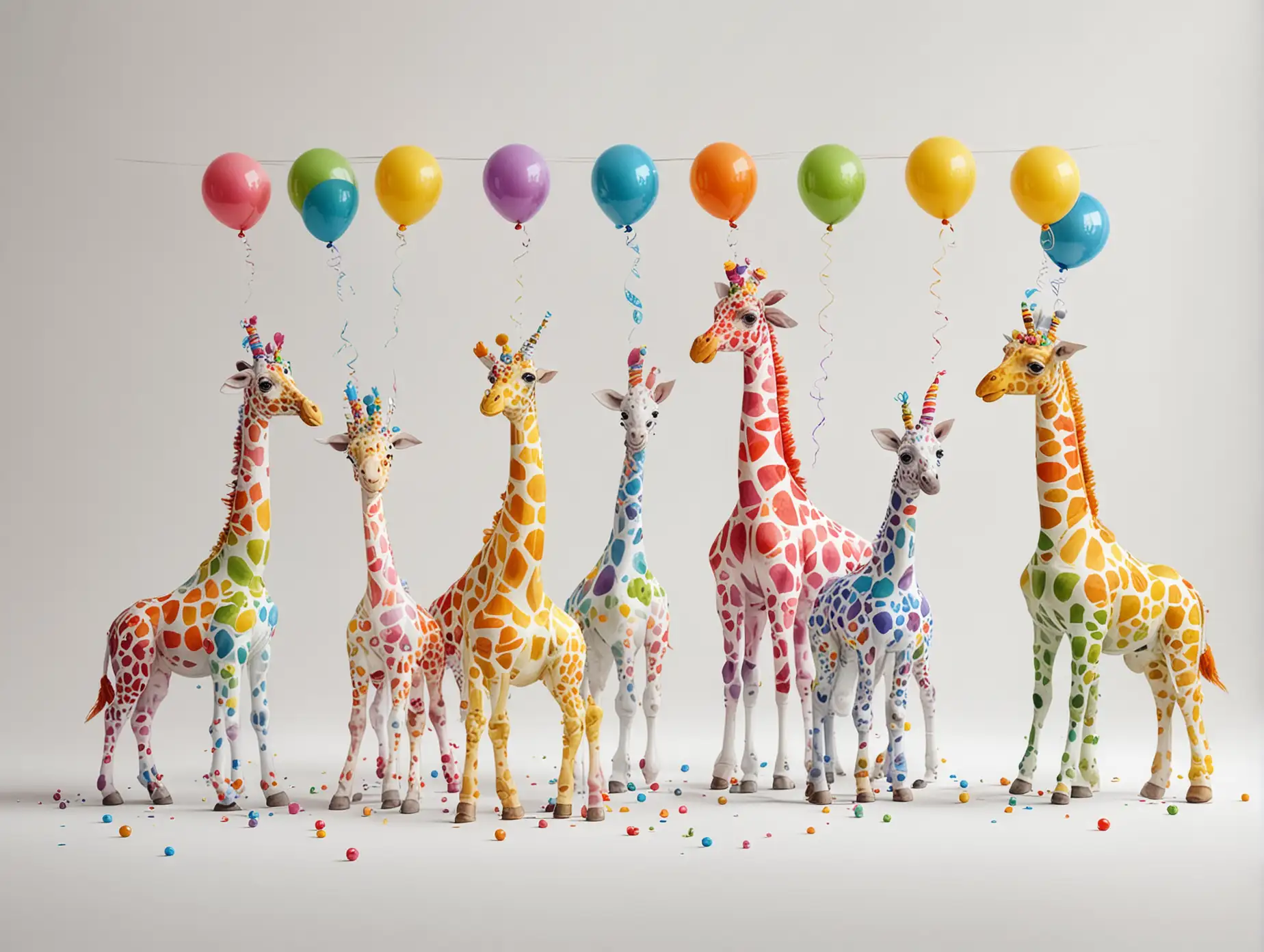 multicolour giraffes cartoon design at a birthday party, pure white background