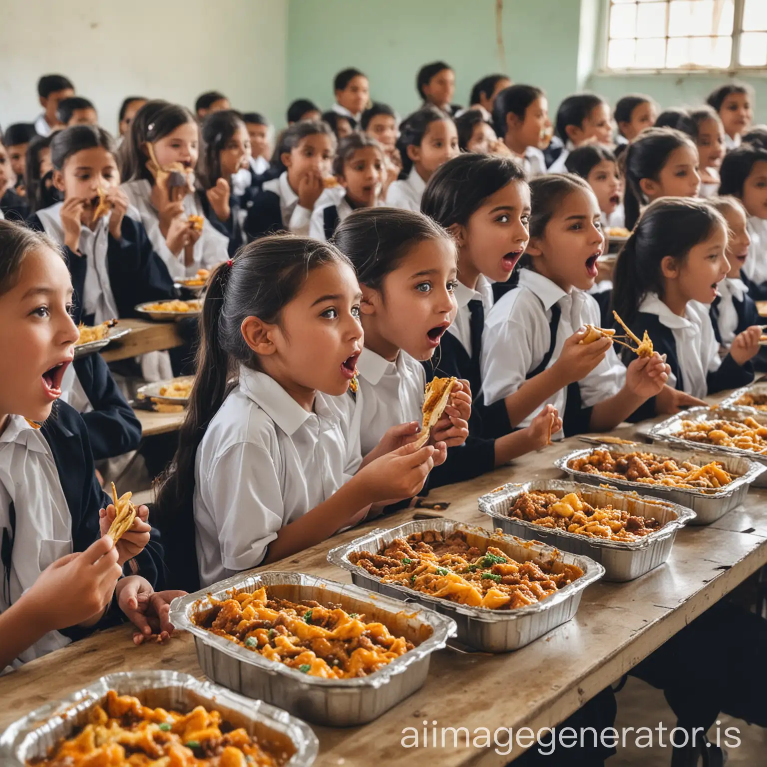 school kids enjoy eating hot home food at school