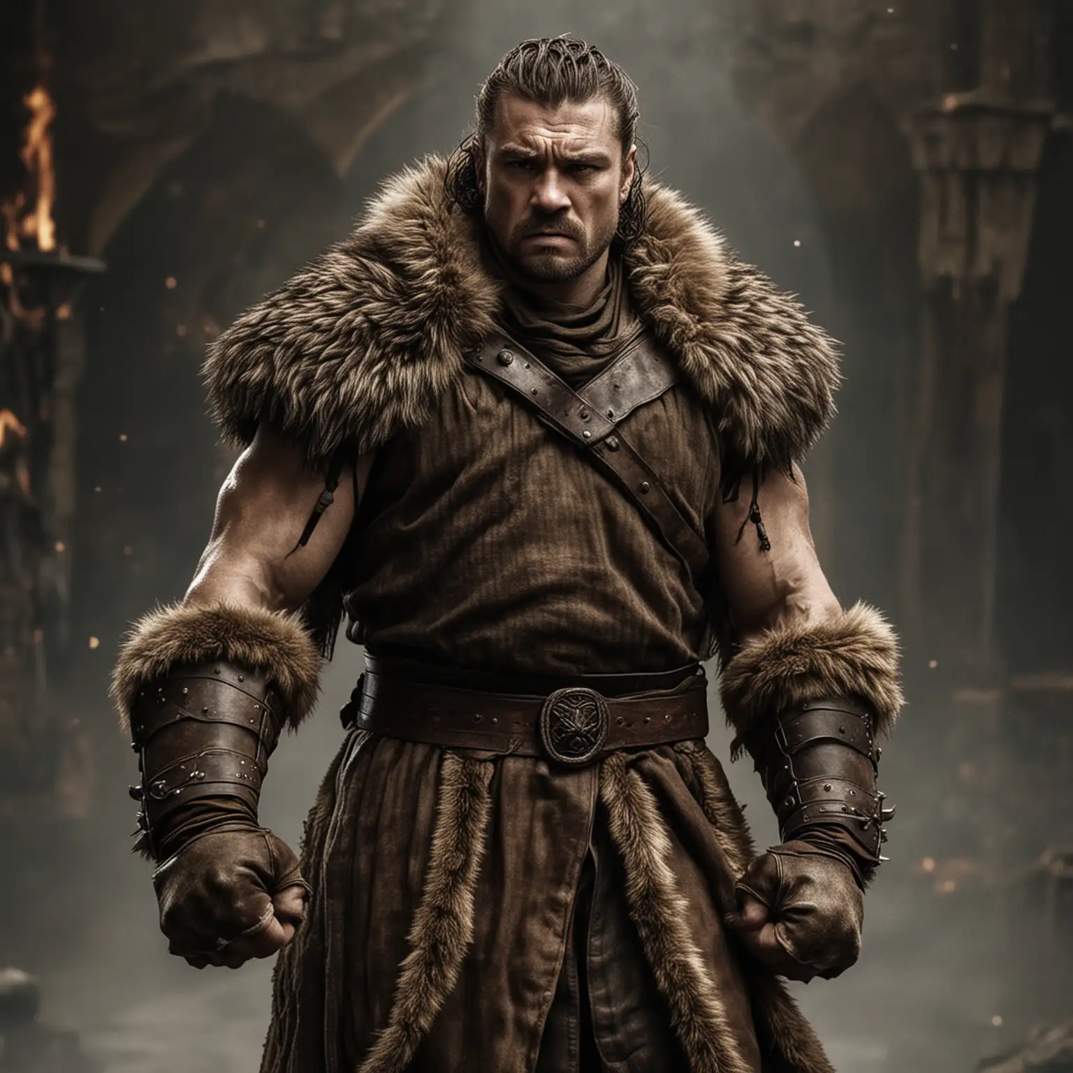 Greatjon Umber an older heavily muscled and formidable warrior with large fists wearing furs in Game of Thrones