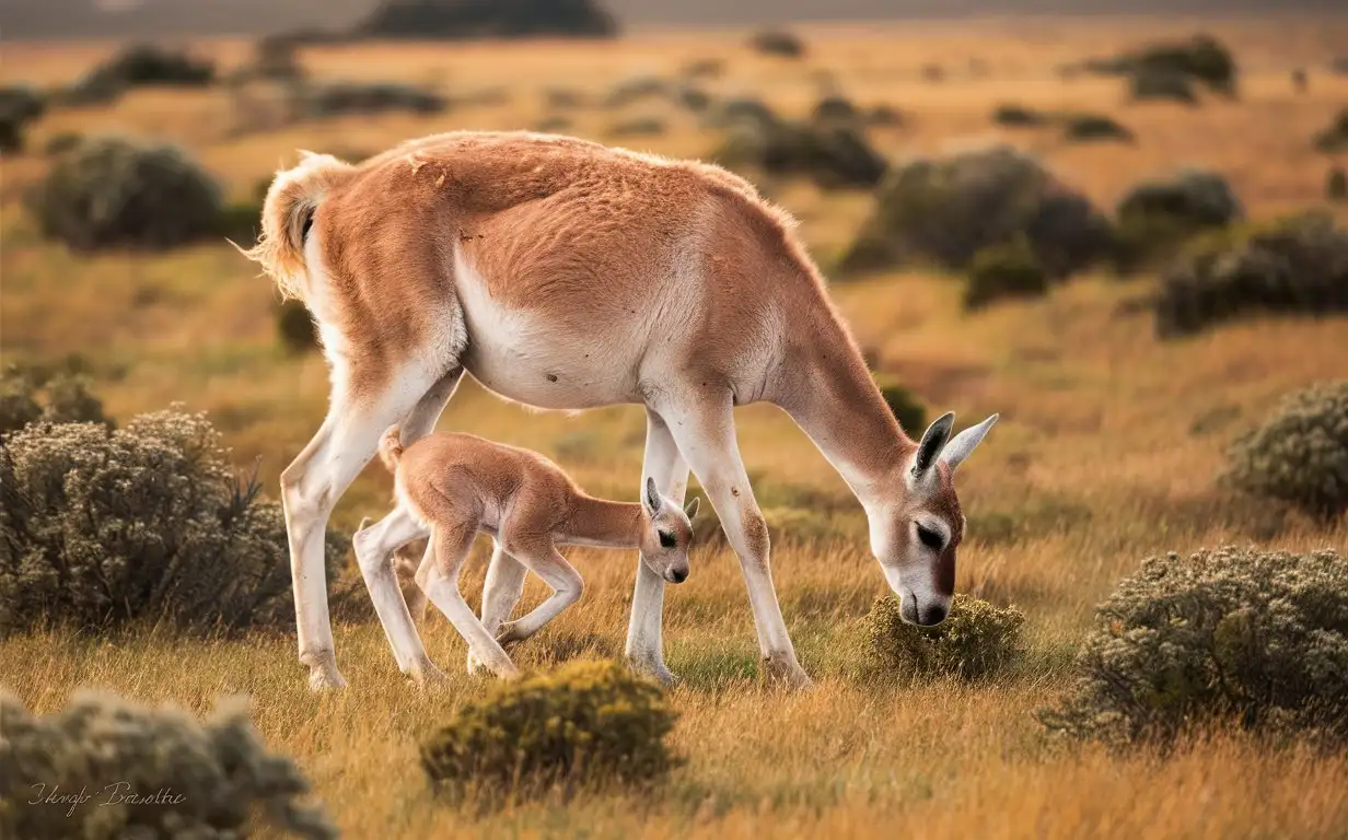 Guanaco mother andnewborn baby ingrassland, La PampaProvince, Argentina