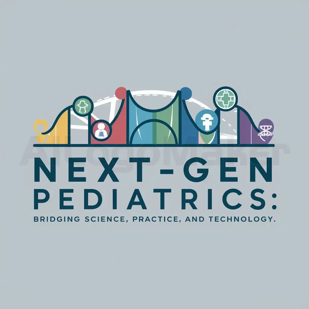 a logo design,with the text "Next-Gen Pediatrics: Bridging Science, Practice and Technology", main symbol:bridge children symbols of medicine science technology bright colors,Moderate,clear background