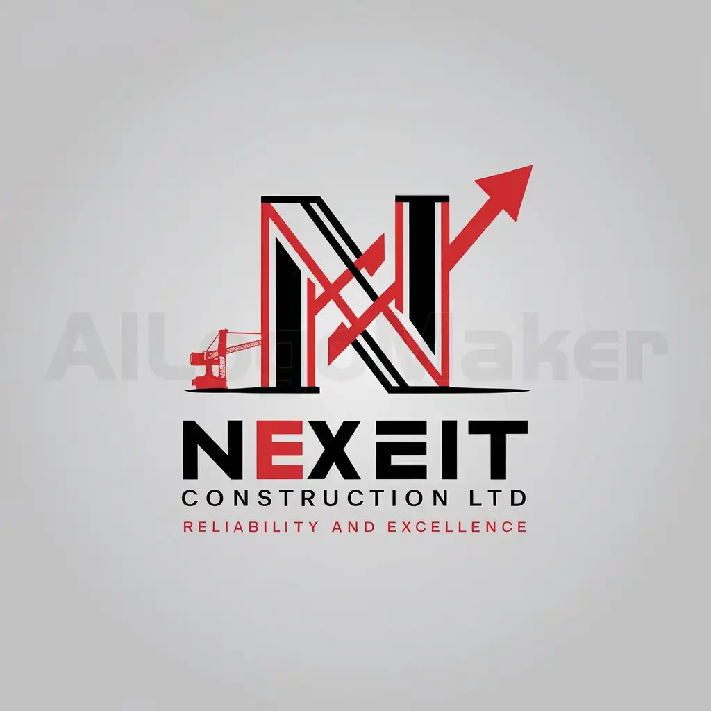 a logo design,with the text "Nexit Construction Ltd", main symbol:Design Concept 1: Solidity and ProgressionnVisual Elements: The logo features a stylized letter 'N' crafted to resemble a structural beam or a blueprint, symbolizing the core of construction and engineering. The letter is integrated with an upward arrow, indicating progress and growth.nTypography: The company name 'Nexit Construction Ltd' is displayed in bold, modern sans-serif font, signifying reliability and professionalism. The slogan 'Reliability and Excellence' is elegantly incorporated below the company name.nColor Scheme: The primary colors are red and black, representing strength, power, and determination. Red symbolizes passion, energy, and action, while black adds sophistication and authority.nExtra Feature: A subtle silhouette of a construction crane is integrated into the design, emphasizing the company's focus on civil work building and construction.,Minimalistic,be used in Others industry,clear background