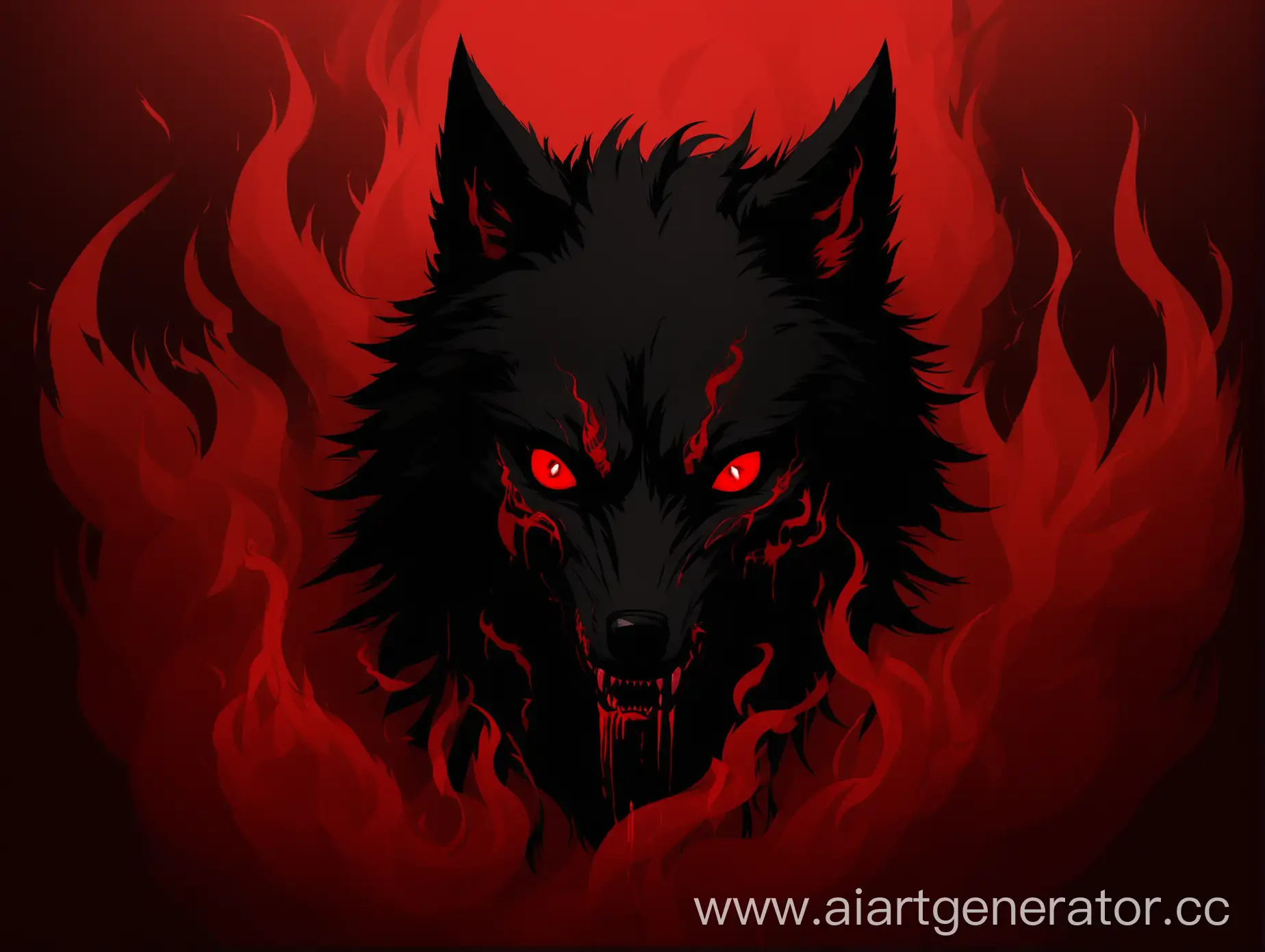 Волк черный , красные злые глаза. Кровь , красный дым. Минимализм.