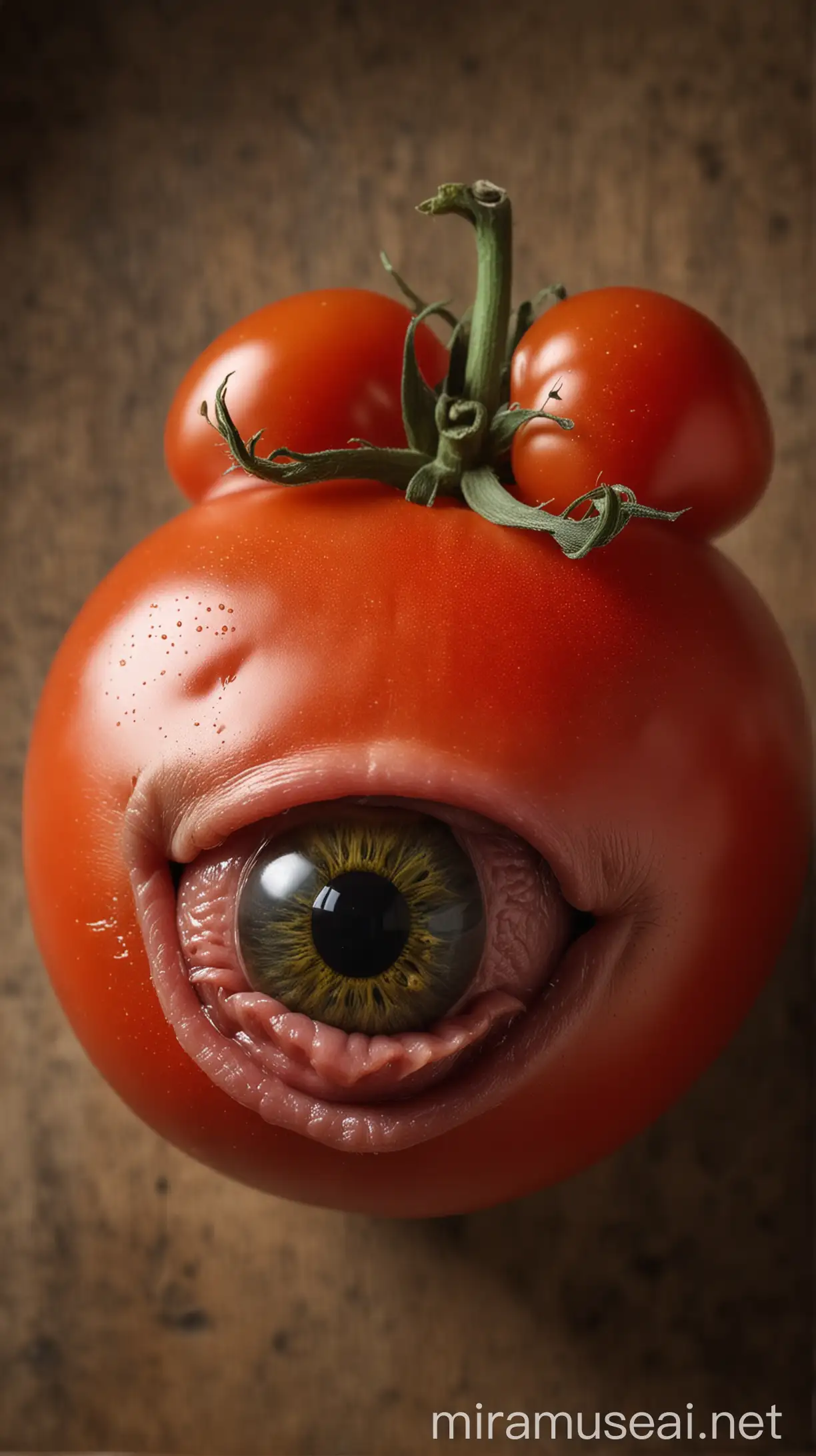 Tomato with SuperHuman Eyes and Pigs Mouth Surrealistic Vegetable Portrait