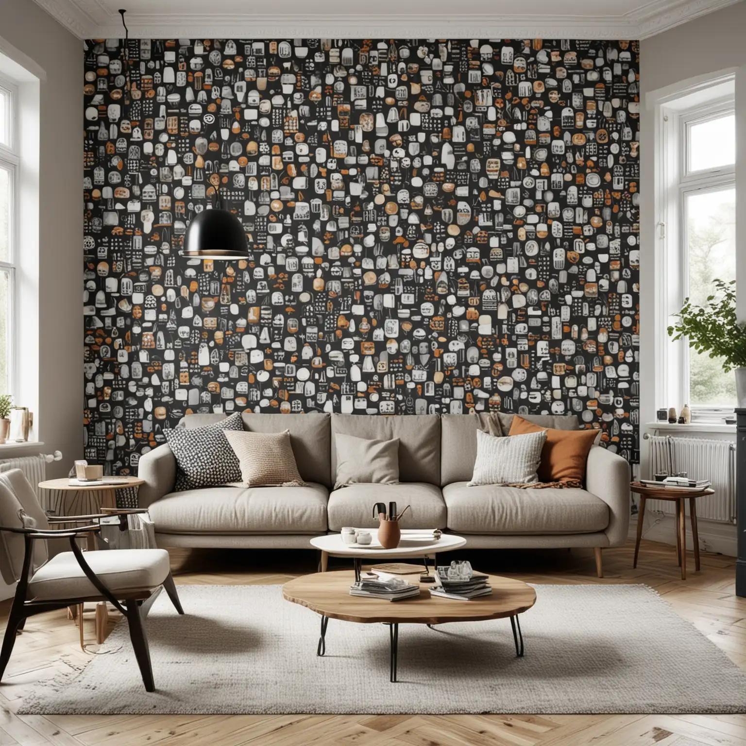 Scandinavian Style Living Room with Intriguing Wallpaper Design