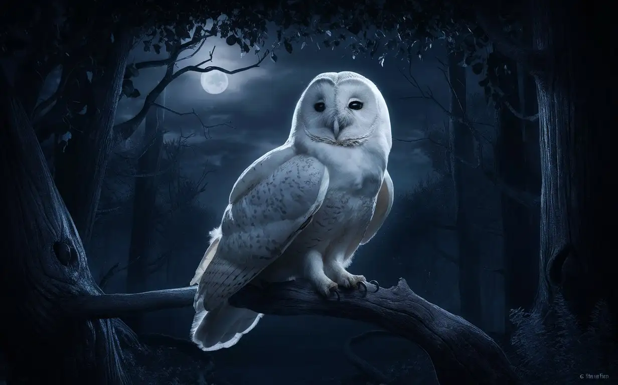 a white color owl siting on a wooden color tree inside a dense forest  in the night new moon in the backround 