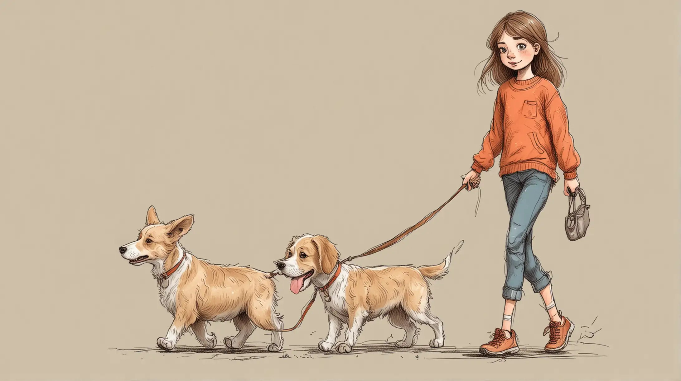 Girl Walking with a Dog Whimsical Cartoon Illustration of a Joyful Stroll