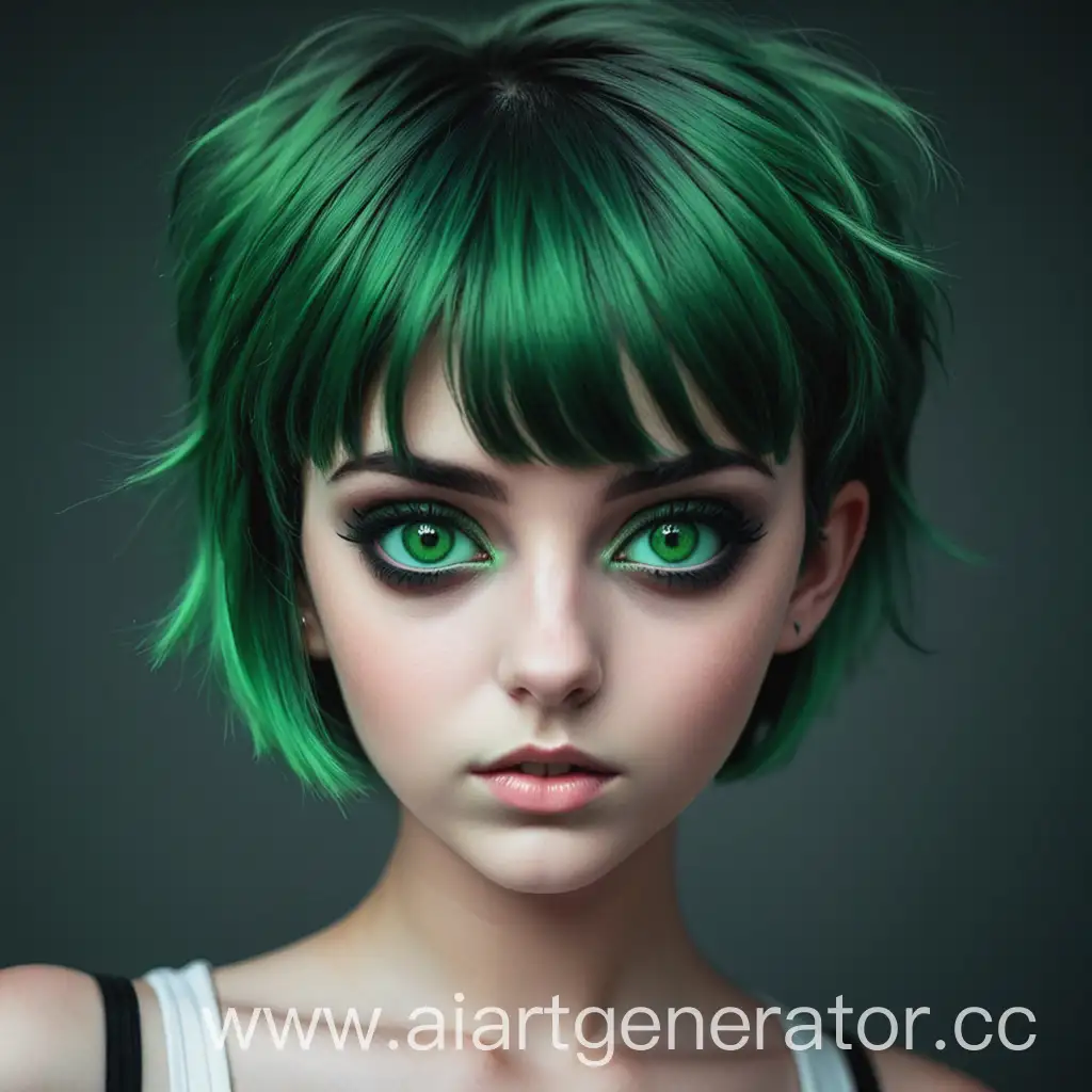 девушка с короткими зелёными волосами и тёмно-зелёными глазами