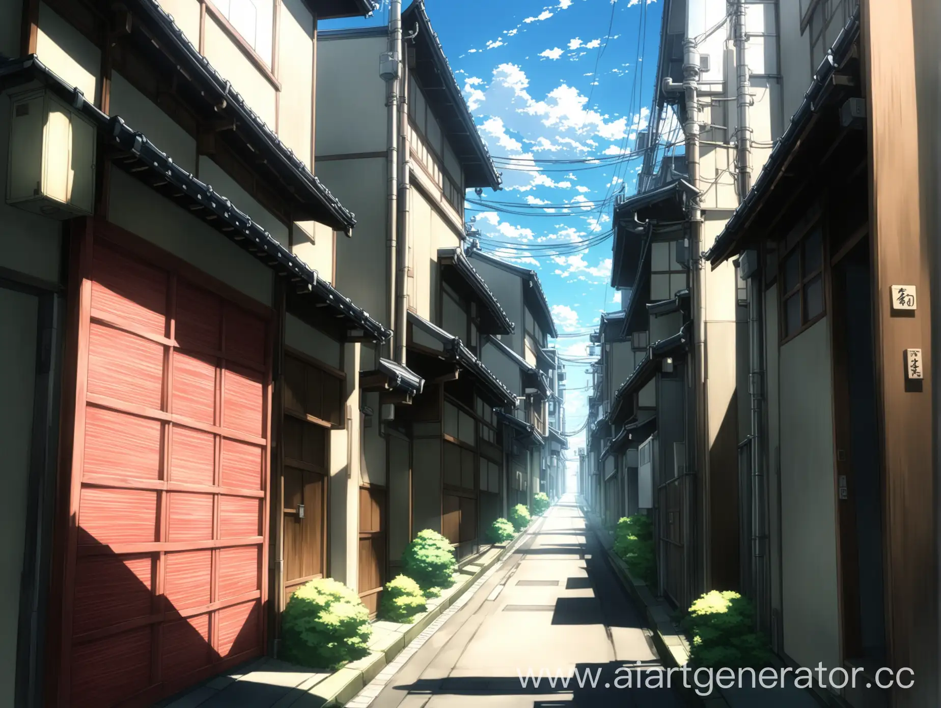 Анимешные улочки города а в Японии. Светит солнце и широкие улицы