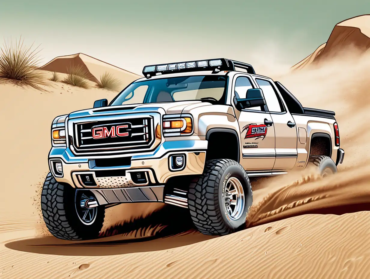 GMC Sierra 2500, Baja kit, driving in the dunes. Action shot. ((Vector)) (((4 color maximum))) Comic book illustration 