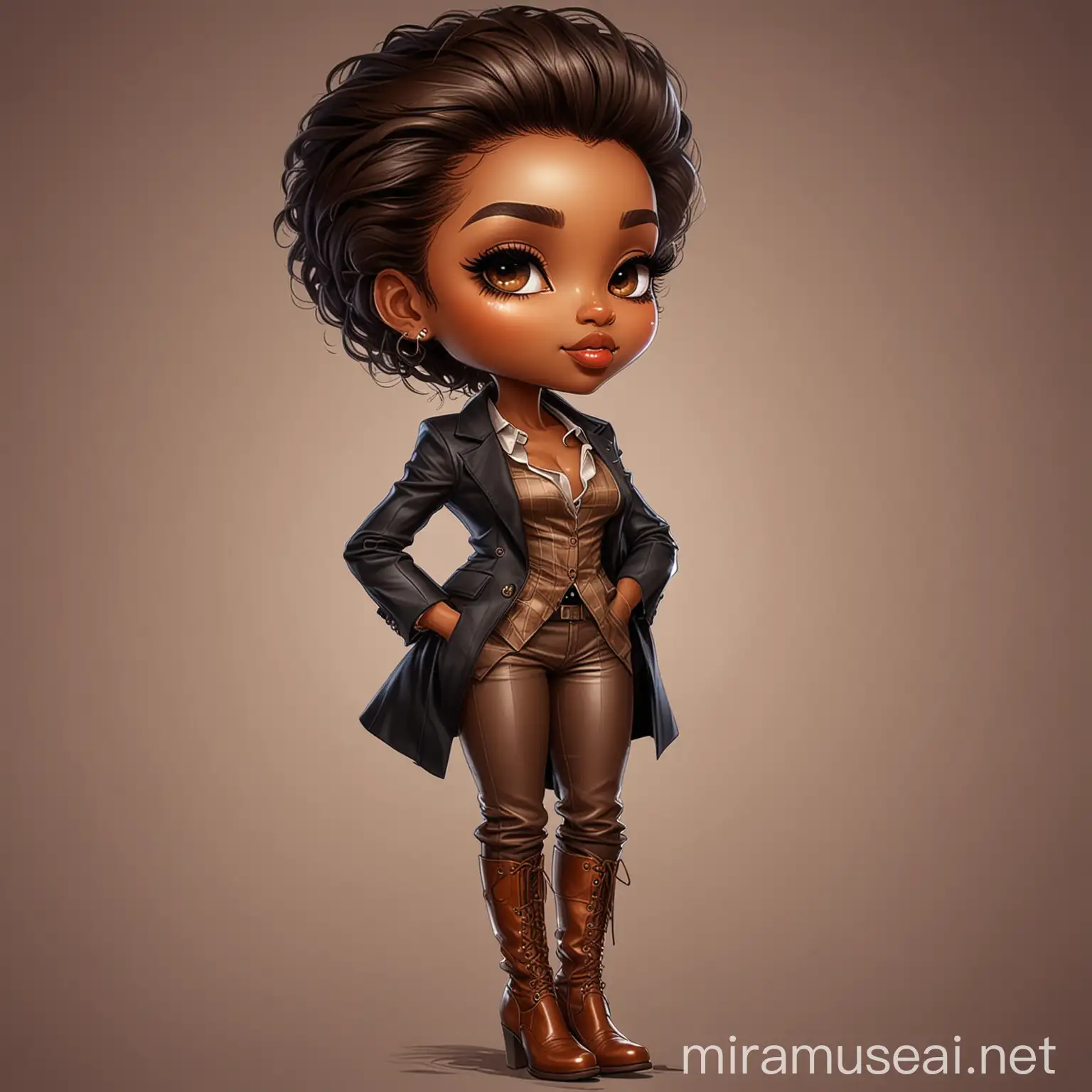 Create a absract art style image chibi image of a black female woman, side profile,  black silky and brown eyes. boss babe, Long eye lashes, full length, dressed in luxury suit with tank top, calf length boots 