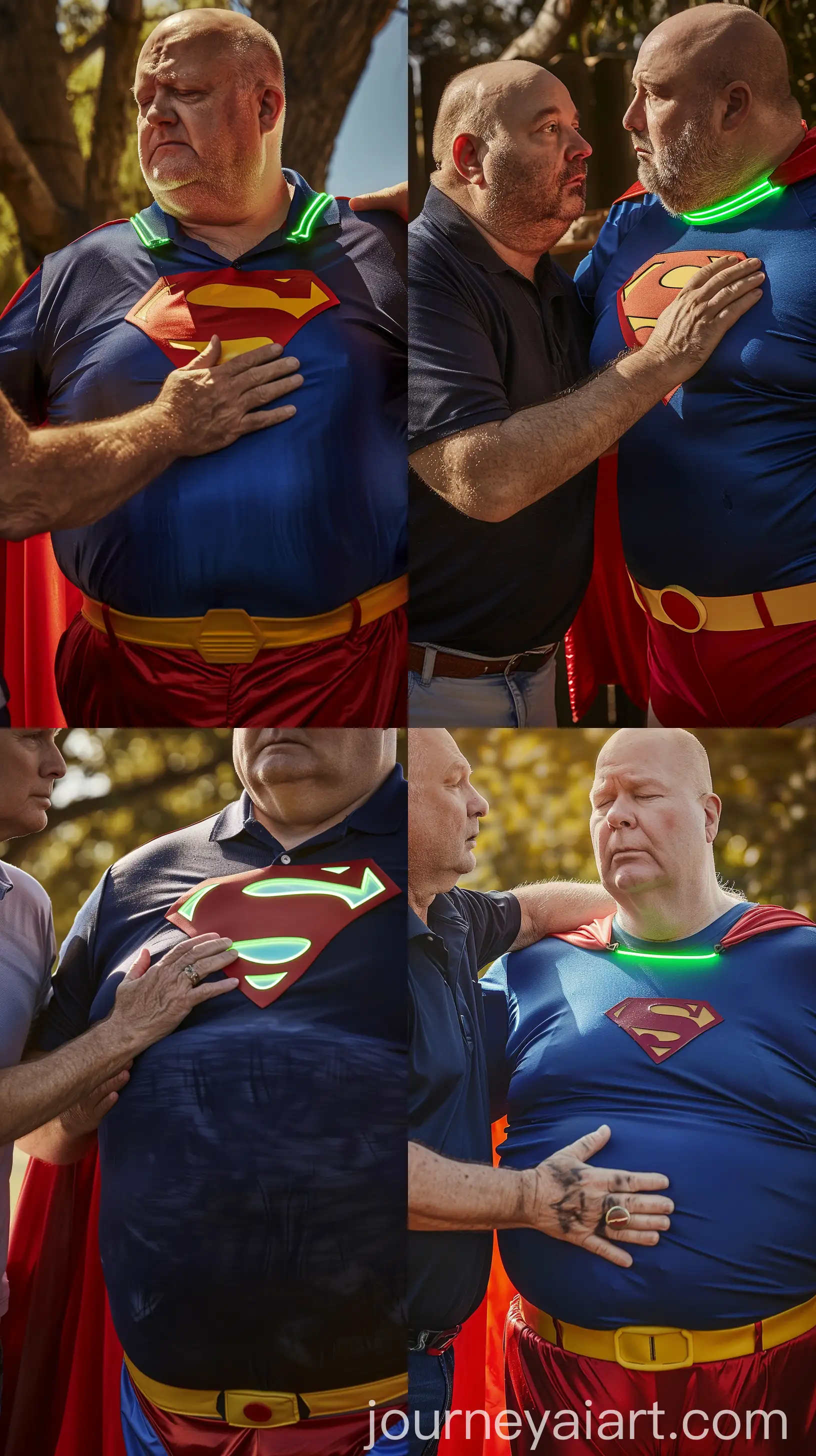 Close-up photo of a fat man aged 60 wearing a silk navy polo shirt placing his hand on the chest of a exhausted fat man aged 60 wearing a tight blue superman costume with a red cape, red trunks, yellow belt and green glowing neon collar on the neck. Outside. Bald. Clean Shaven. Natural light. --ar 9:16