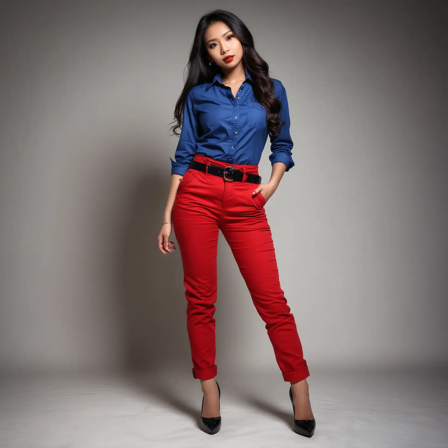 Malaysian female 25 years old, blue shirt, red pants, red lipsticks, black long hair, red color belt, black color heels, full body, blank background, dramatic lighting.