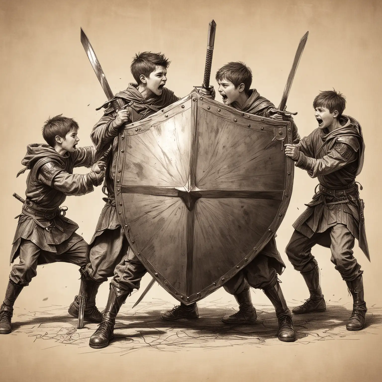 group of boys fighting with sword and shield drawing
 


