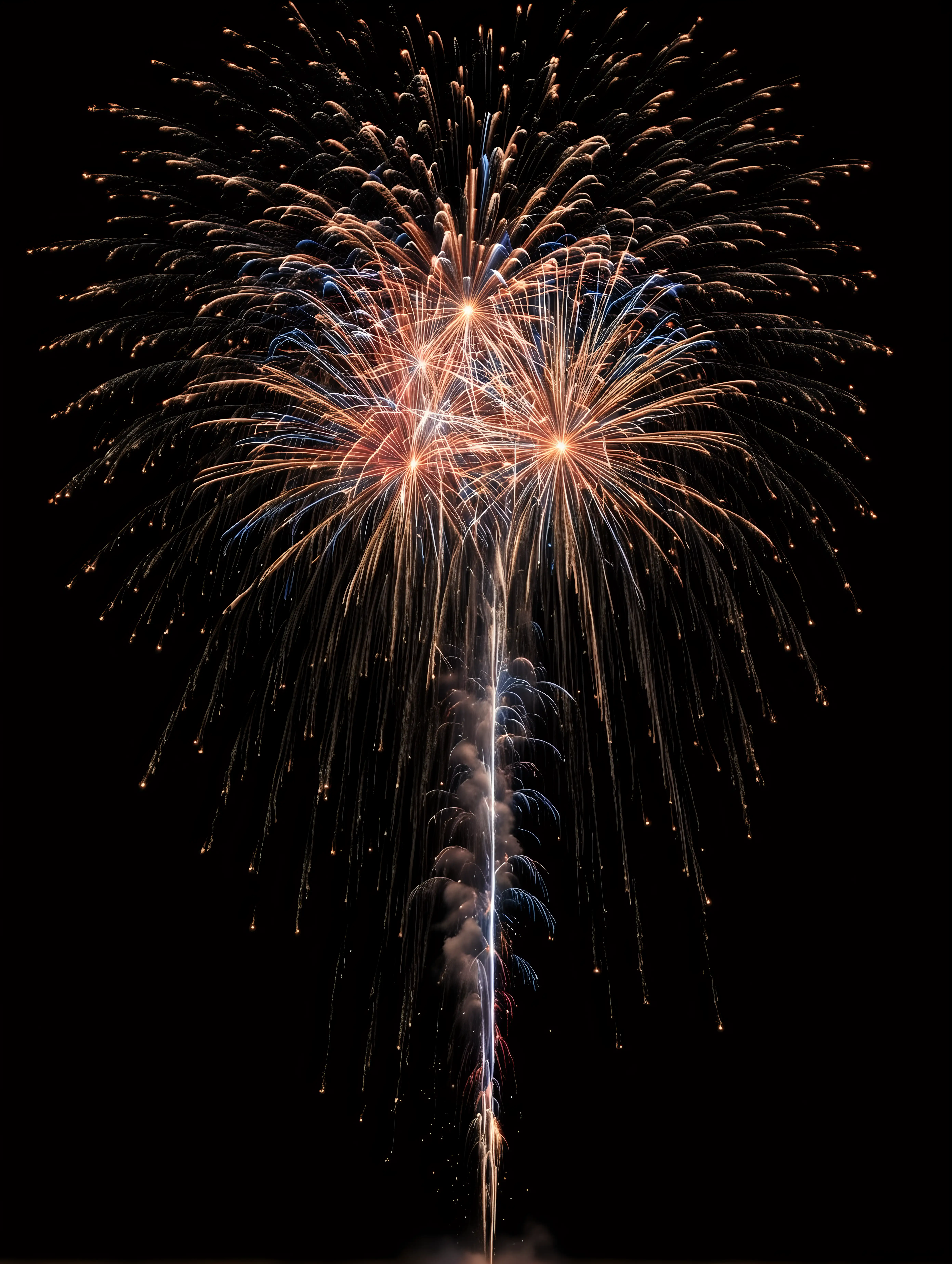 long falling, multiple cascading firework falling with pure black background all within photo