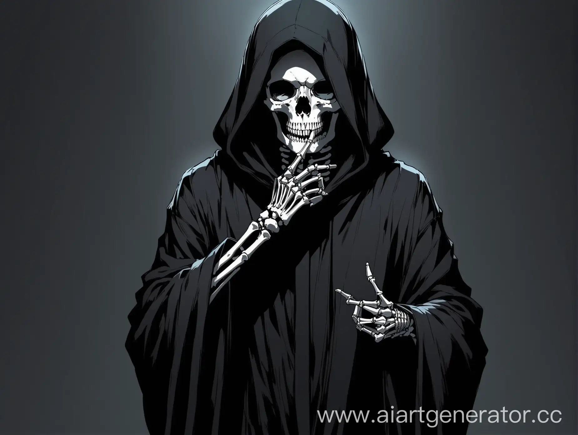 Silent-Skeleton-in-Black-Robe-Gesturing-for-Silence