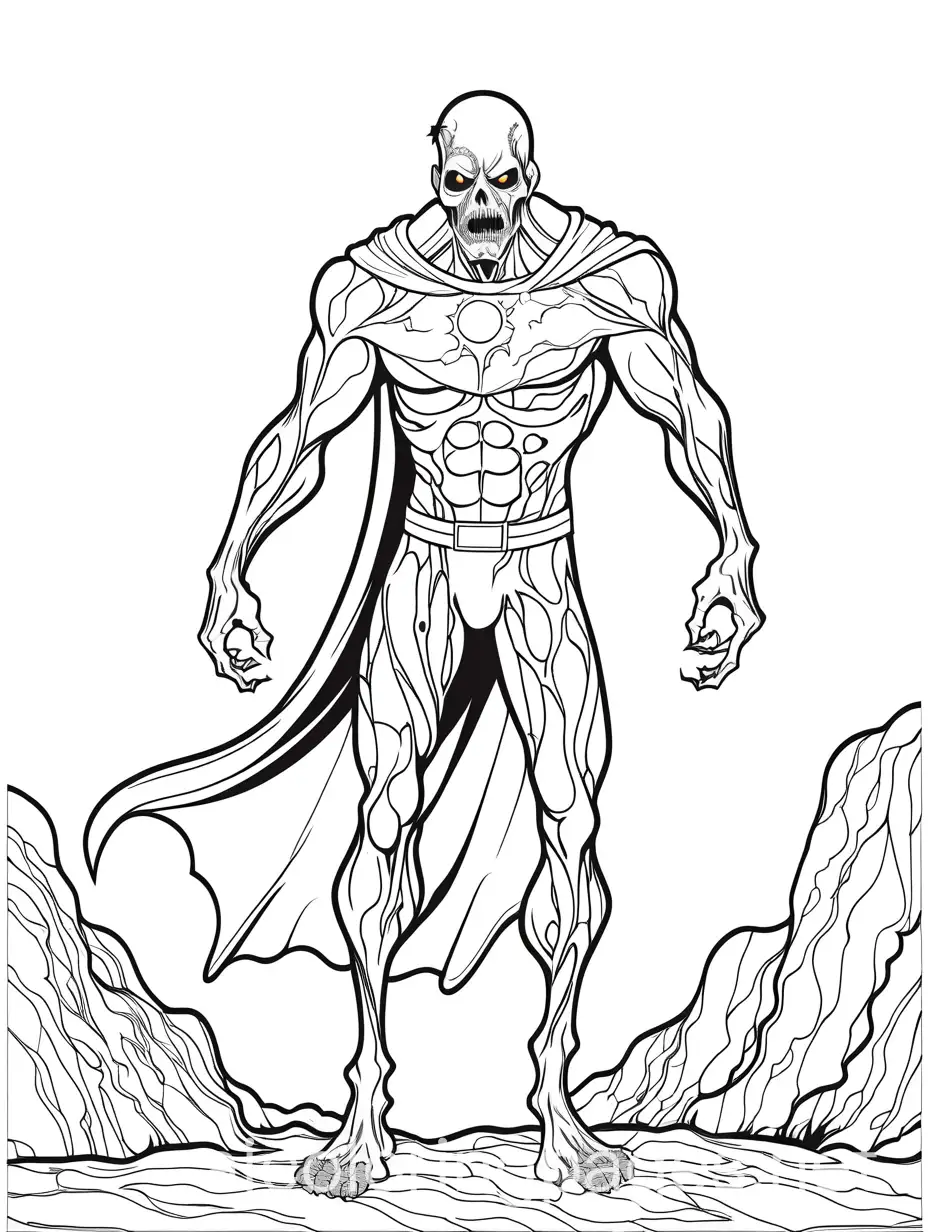 Creepy zombie becomes super hero, Coloring Page, black and white, line art, white background, Simplicity, Ample White Space. The background of the coloring page is plain white to make it easy for young children to color within the lines. The outlines of all the subjects are easy to distinguish, making it simple for kids to color without too much difficulty