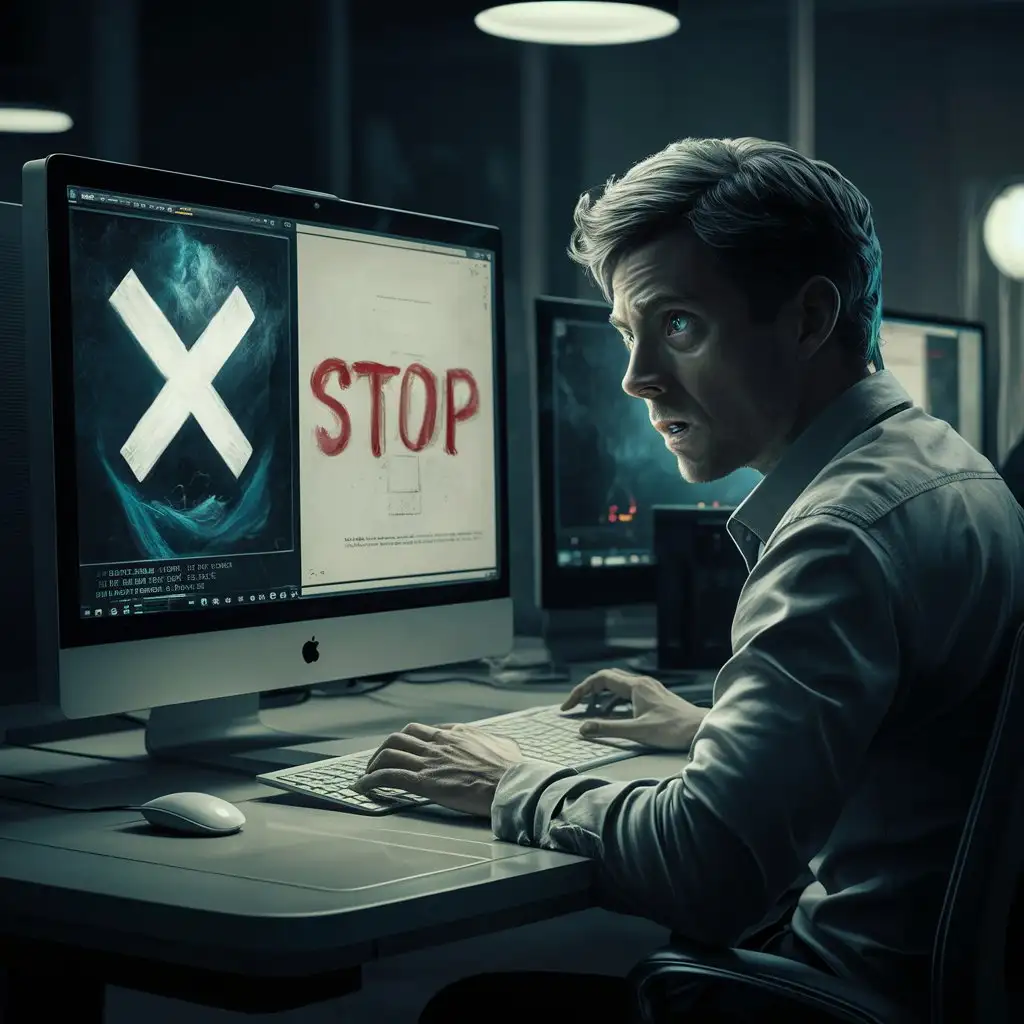 Disegna un uomo al computer che guarda il video dove c'è una grossa x e la parola "stop"